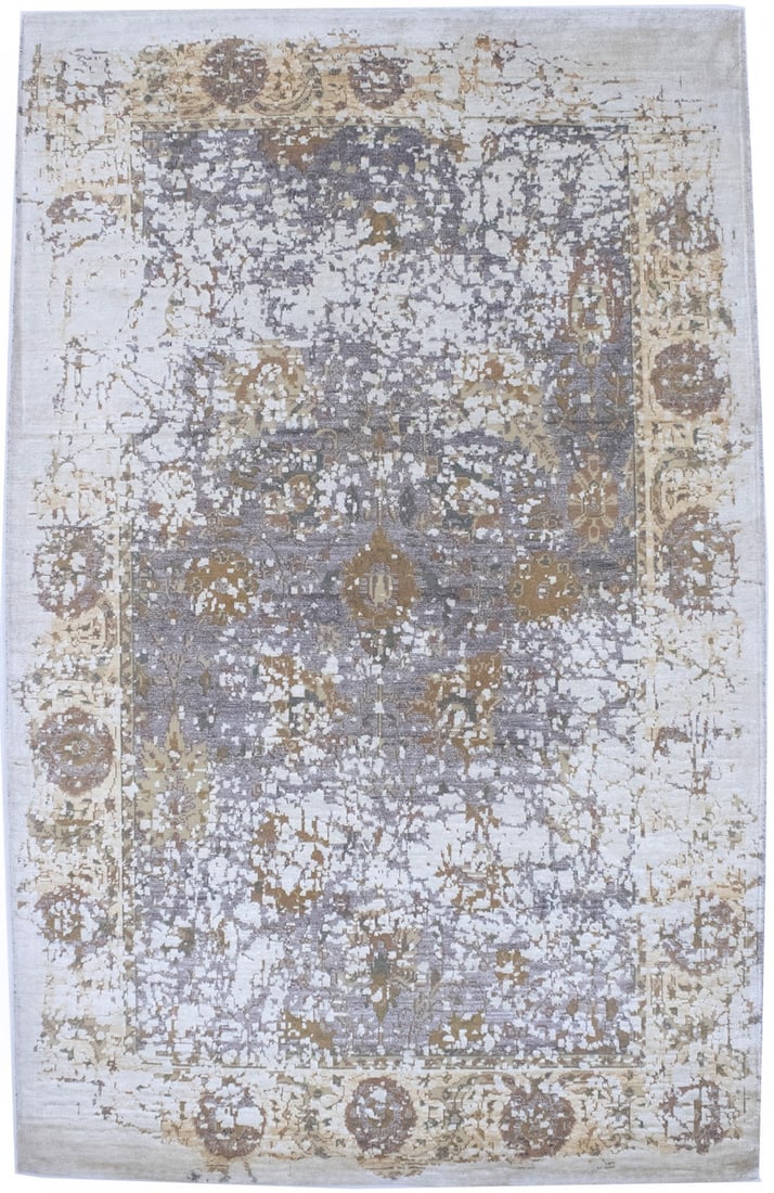 Muted Floral Hand-Knotted 5x8 Wool and Bamboo Silk Rug from India: Muted Floral Hand-Knotted 5x8 Wool and Bamboo Silk Rug from India This hand-knotted area rug features a modern floral pattern in muted tones of ivory, taupe, green, peach, and caramel. Crafted in Indi