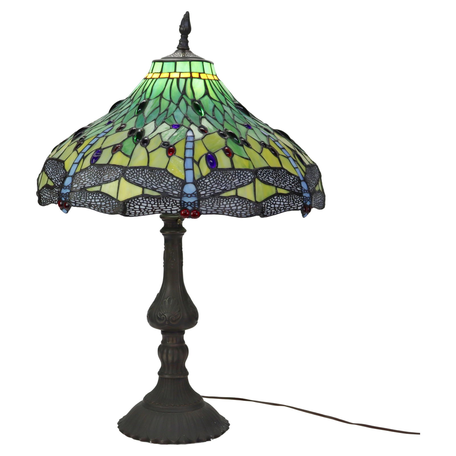 20th Century Arts & Crafts Dragonfly Stained Glass Table Lamp: 20th Century Arts & Crafts Dragonfly Stained Glass Table Lamp This stunning 20th-century Arts & Crafts leaded stained glass table lamp showcases intricate dragonfly motifs in vibrant greens, blues, an