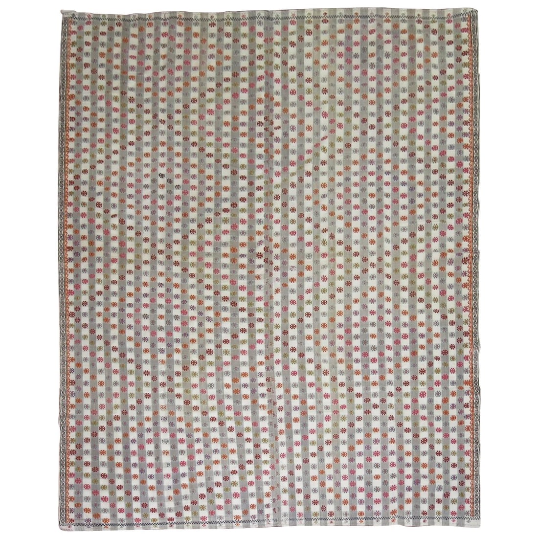 Vintage Turkish Jajim Kilim Textile Hand-Knotted Wool 7'2''x9'7'': Vintage Turkish Jajim Kilim Textile Hand-Knotted Wool 7'2''x9'7'' This exquisite Turkish Jajim flat-weave textile showcases the traditional Kilim style with its vibrant accents in gray, red, and white