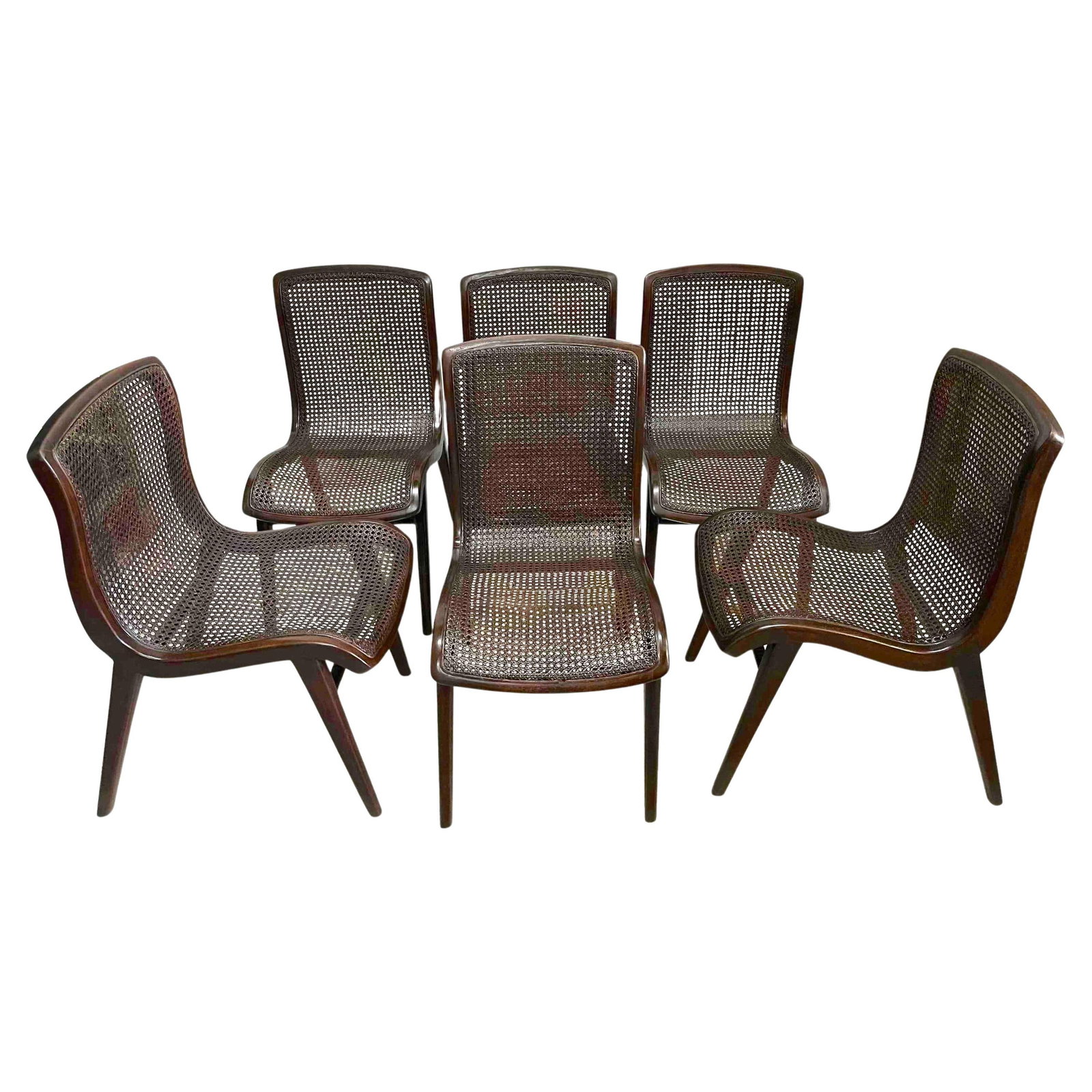 Set of 6 French Modern Woven Cane Dining Chairs 1950s: Set of 6 French Modern Woven Cane Dining Chairs 1950s Enhance your dining area with this exquisite set of six French Modern cantilever woven cane dining chairs, crafted in the 1950s. Each chair featur