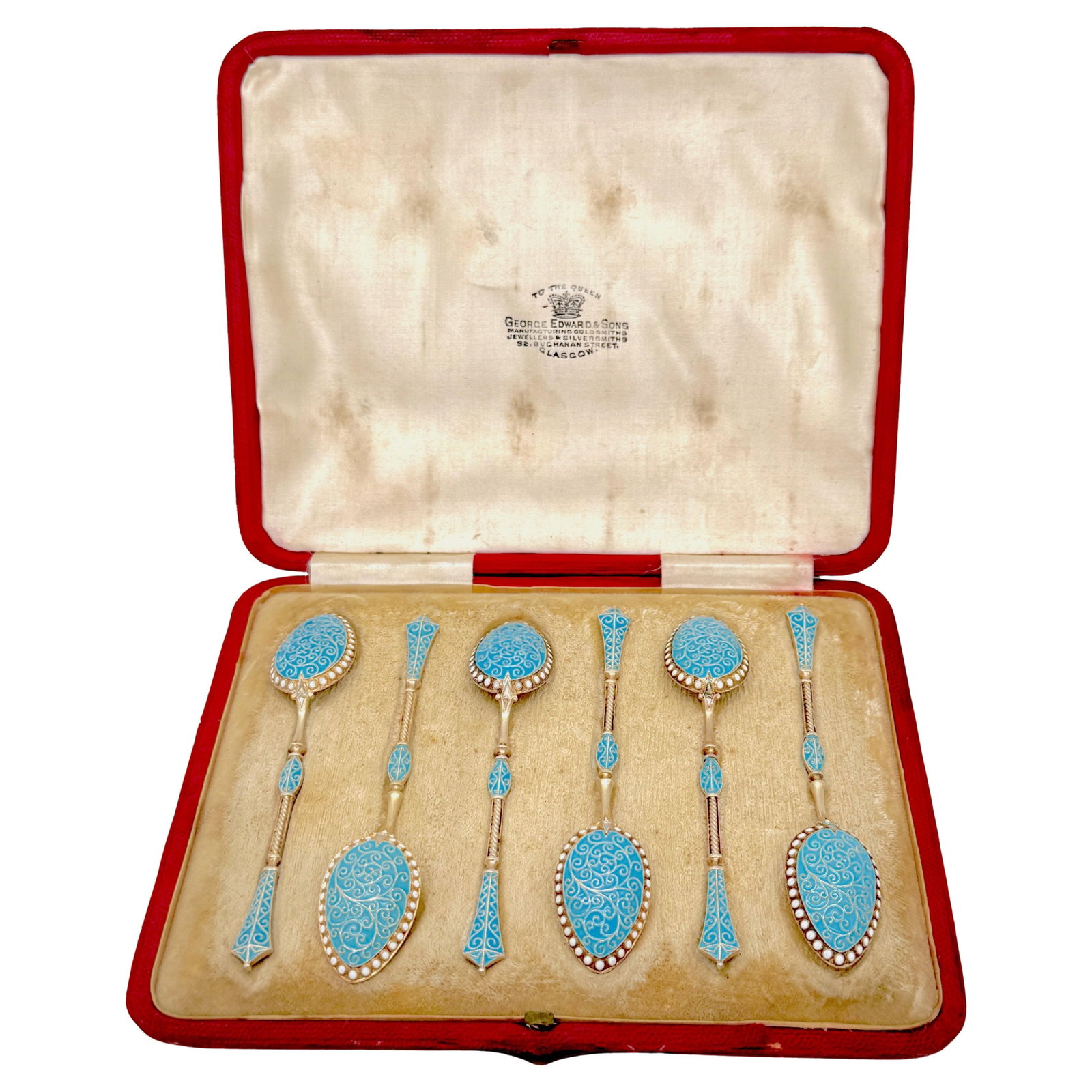 Set of 6 Russian Style Enamel Sterling Spoons by George Edward & Sons 1888: Set of 6 Russian Style Enamel Sterling Spoons by George Edward & Sons 1888 This exquisite set of six Russian style enamel spoons, crafted by George Edward & Sons in Glasgow in 1888, showcases exceptio