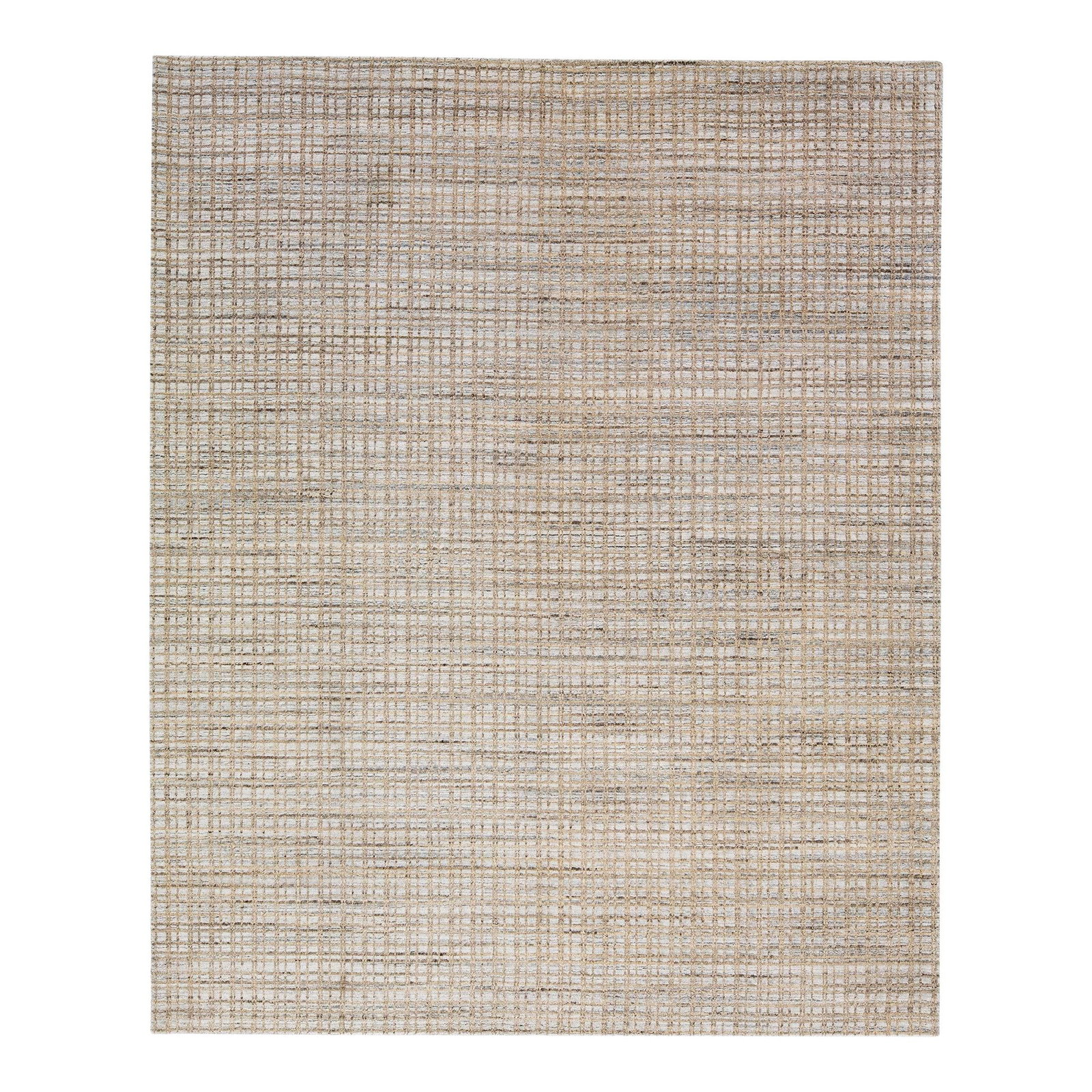 Modern Handmade Gray Wool Silk Rug 8' x 10' Geometric Design: Modern Handmade Gray Wool Silk Rug 8' x 10' Geometric Design Enhance your living space with this exquisite modern handmade rug, crafted from a luxurious blend of Indian wool and silk. The rug features