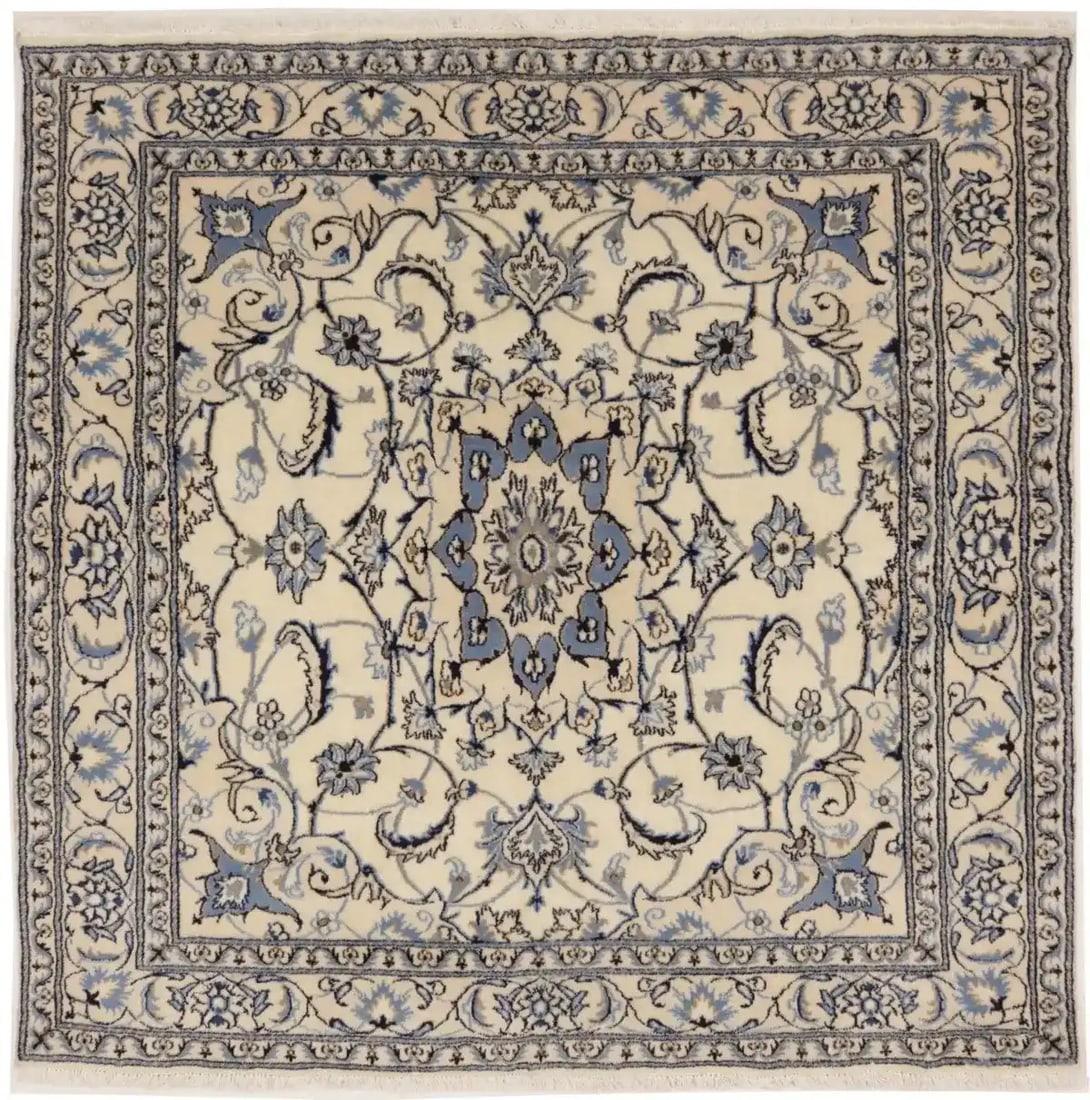 6'3 x 6'3 Hand-Knotted Wool Square Floral Modern Oriental Area Rug: 6'3 x 6'3 Hand-Knotted Wool Square Floral Modern Oriental Area Rug This is a handmade square Oriental area rug featuring a classic floral pattern in cream, dark navy, light blue, and khaki tones. Expe