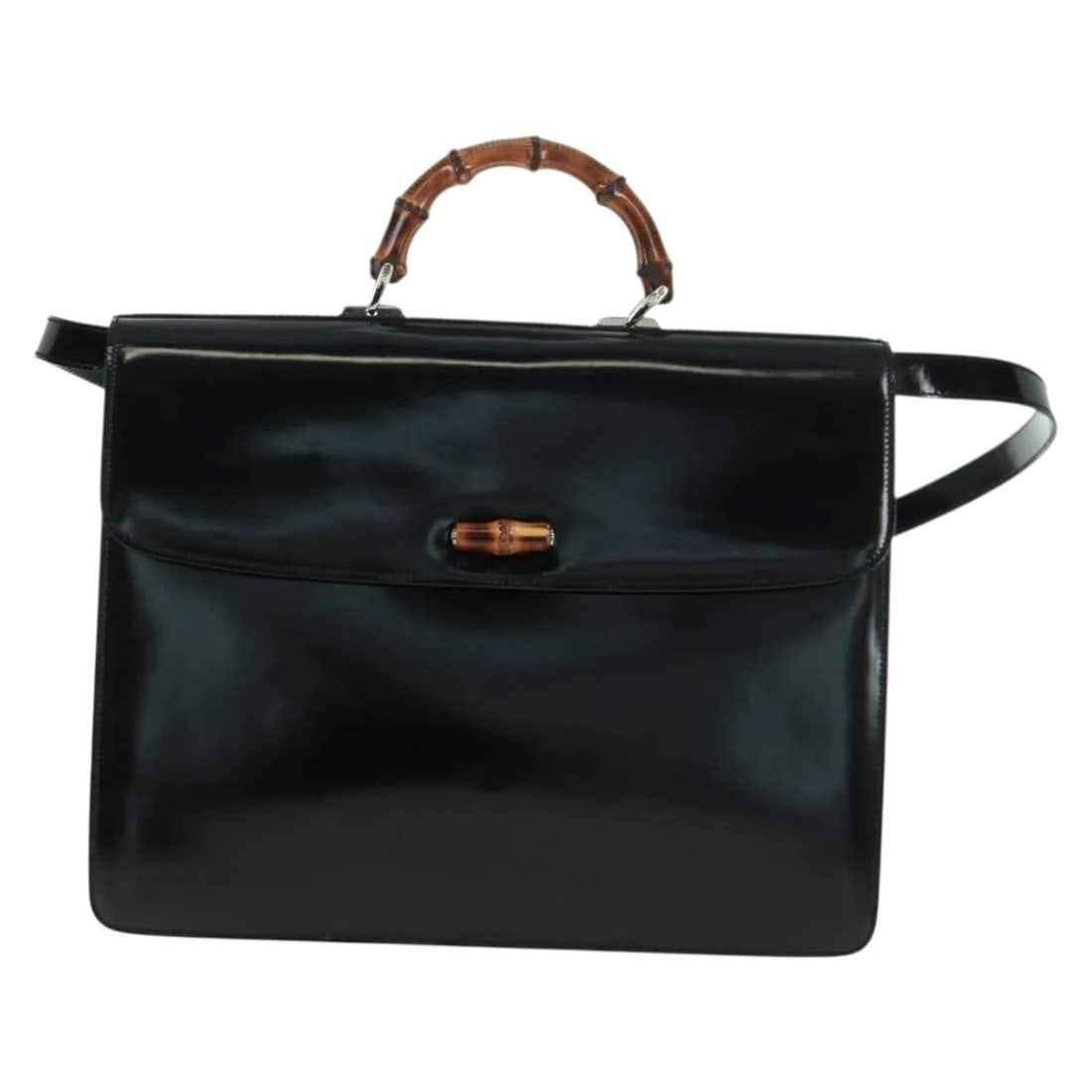 Gucci Black Patent Leather Handbag with Bamboo Handle Vintage: Gucci Black Patent Leather Handbag with Bamboo Handle Vintage This Gucci Vintage Bamboo Handle Bag is crafted from black patent leather and designed for female use. The bag features a bamboo handle an