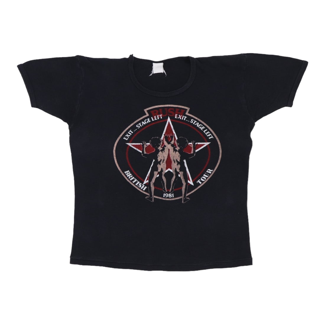 Vintage 1981 Rush Exit Stage Left European Tour Black Cotton Shirt: Vintage 1981 Rush Exit Stage Left European Tour Black Cotton Shirt This is an original vintage 1981 Rush Exit Stage Left Euro Tour shirt, featuring both front and back graphics. The shirt is not a mod