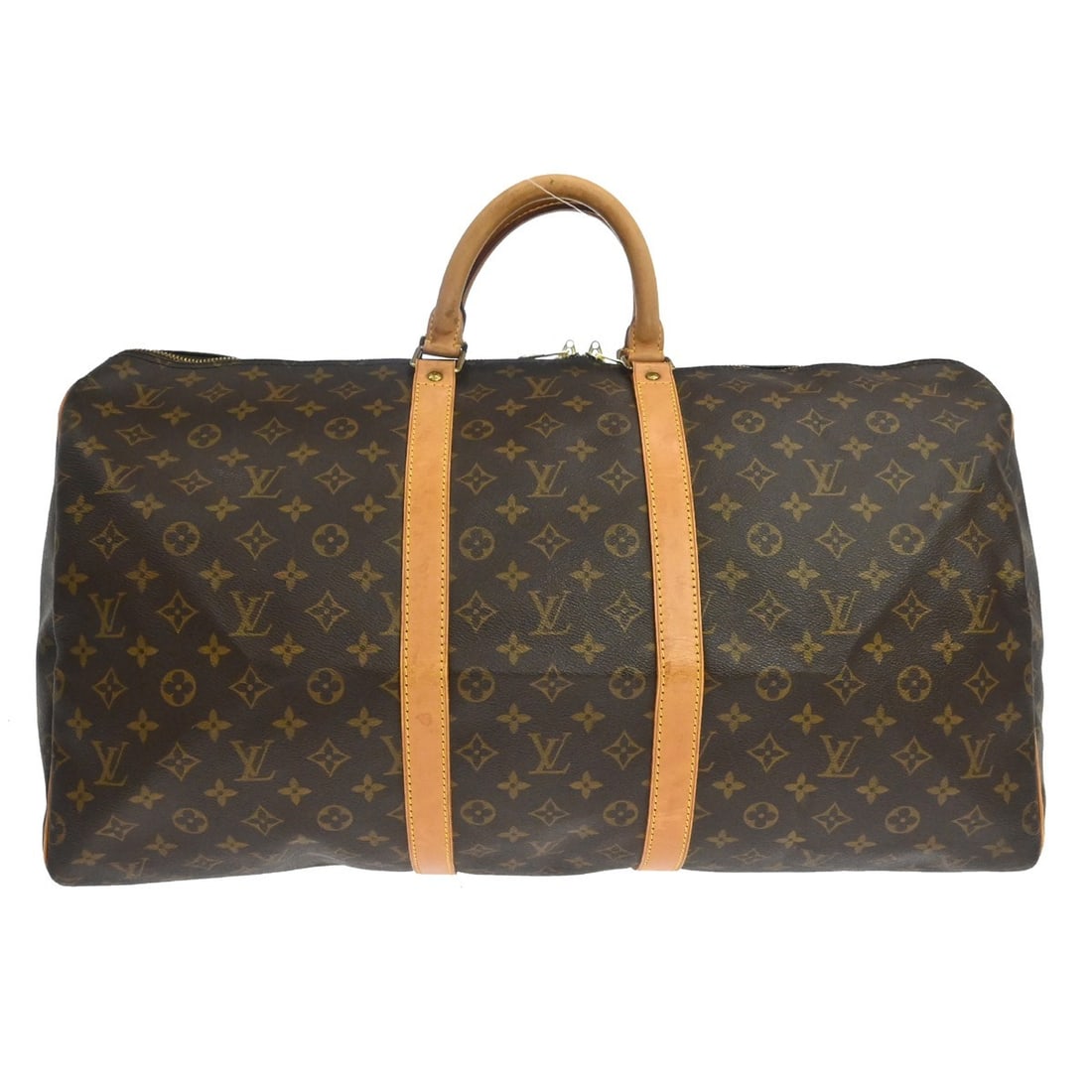 Louis Vuitton Keepall 55 Monogram Canvas Duffle Bag M41424: Louis Vuitton Keepall 55 Monogram Canvas Duffle Bag M41424 Vintage Louis Vuitton Keepall 55 travel handbag in brown Monogram canvas with leather trim and double handles. This extra-large duffle-style 