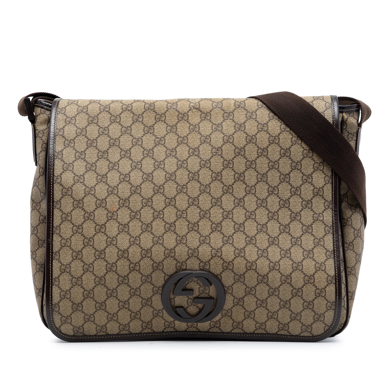Gucci GG Supreme Beige Messenger Bag with Interlocking G and Leather Trim: Gucci GG Supreme Beige Messenger Bag with Interlocking G and Leather Trim This Gucci Large GG Supreme Interlocking G Messenger Bag features a coated canvas body with leather trim, an adjustable nylon 