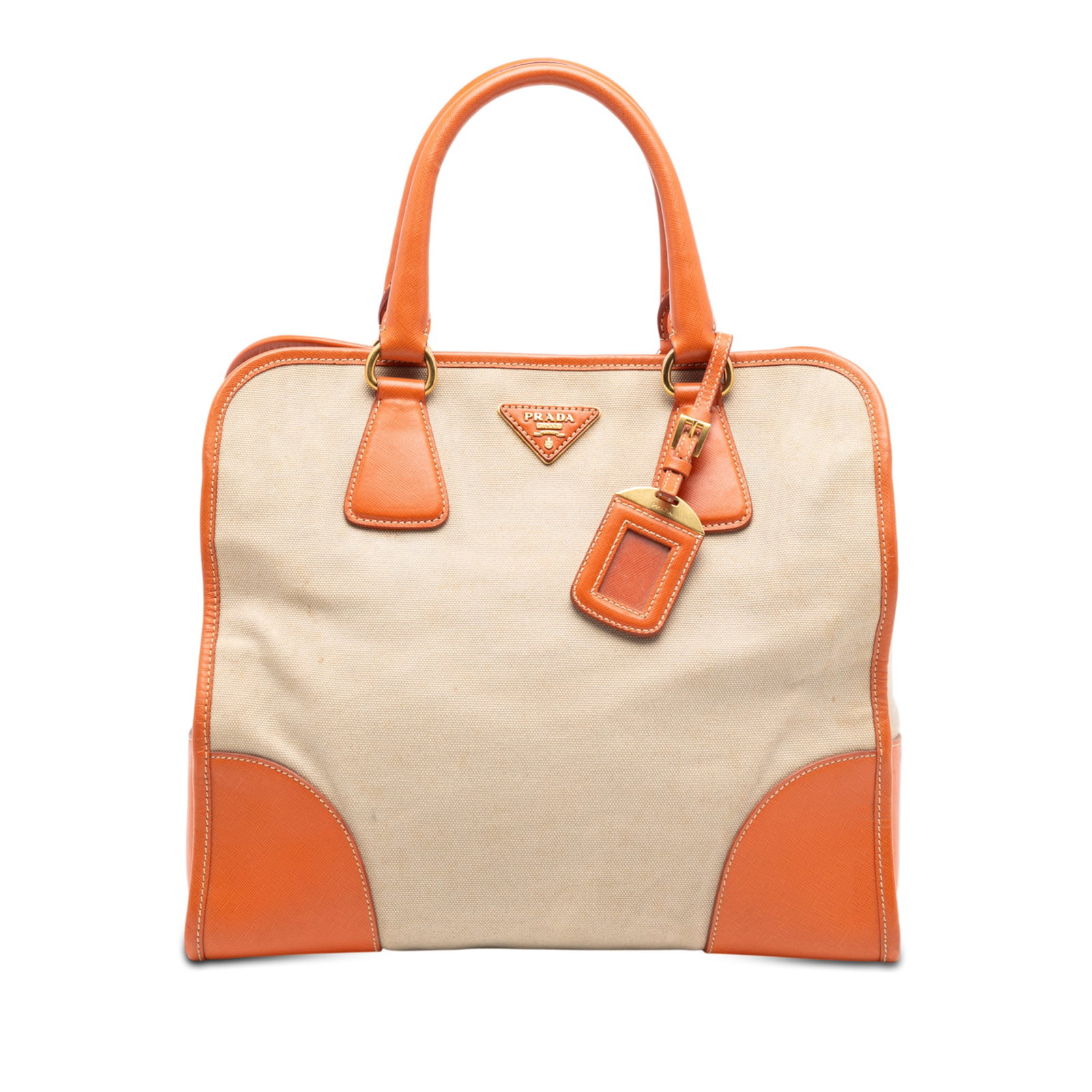 Canvas Satchel with Saffiano Leather Trim by Prada Canapa: Canvas Satchel with Saffiano Leather Trim by Prada Canapa This Prada Saffiano Trimmed Canvas Canapa Satchel features a beige canvas body accented with saffiano leather trim and rolled leather handles.