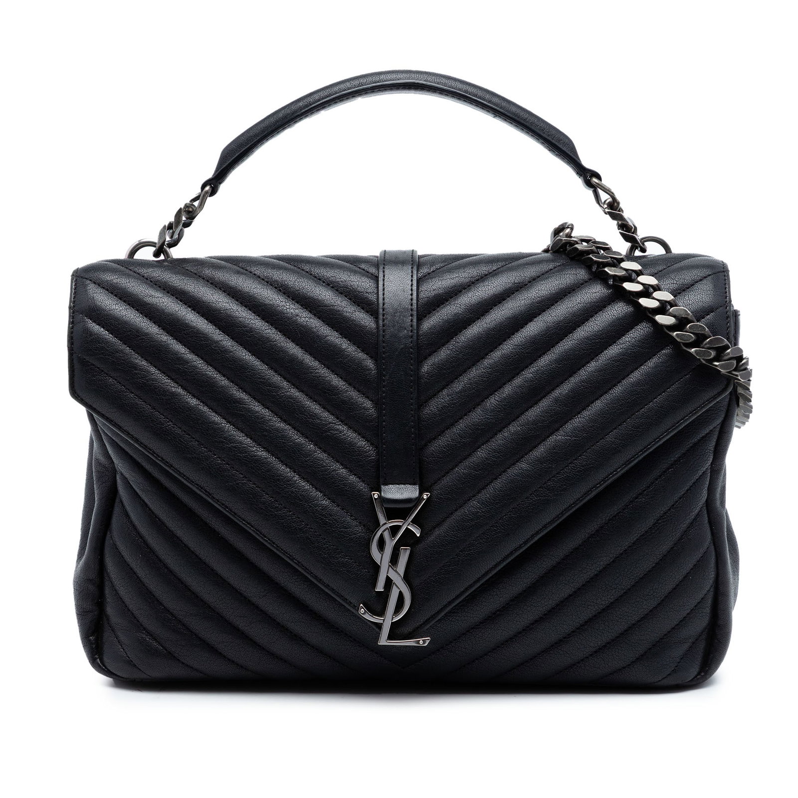 Saint Laurent College satchel black sheepskin chevron monogram: Saint Laurent College satchel black sheepskin chevron monogram This Saint Laurent Large Sheepskin Chevron Monogram Monochrome College Bag features a quilted sheepskin body with a chevron pattern, a fl
