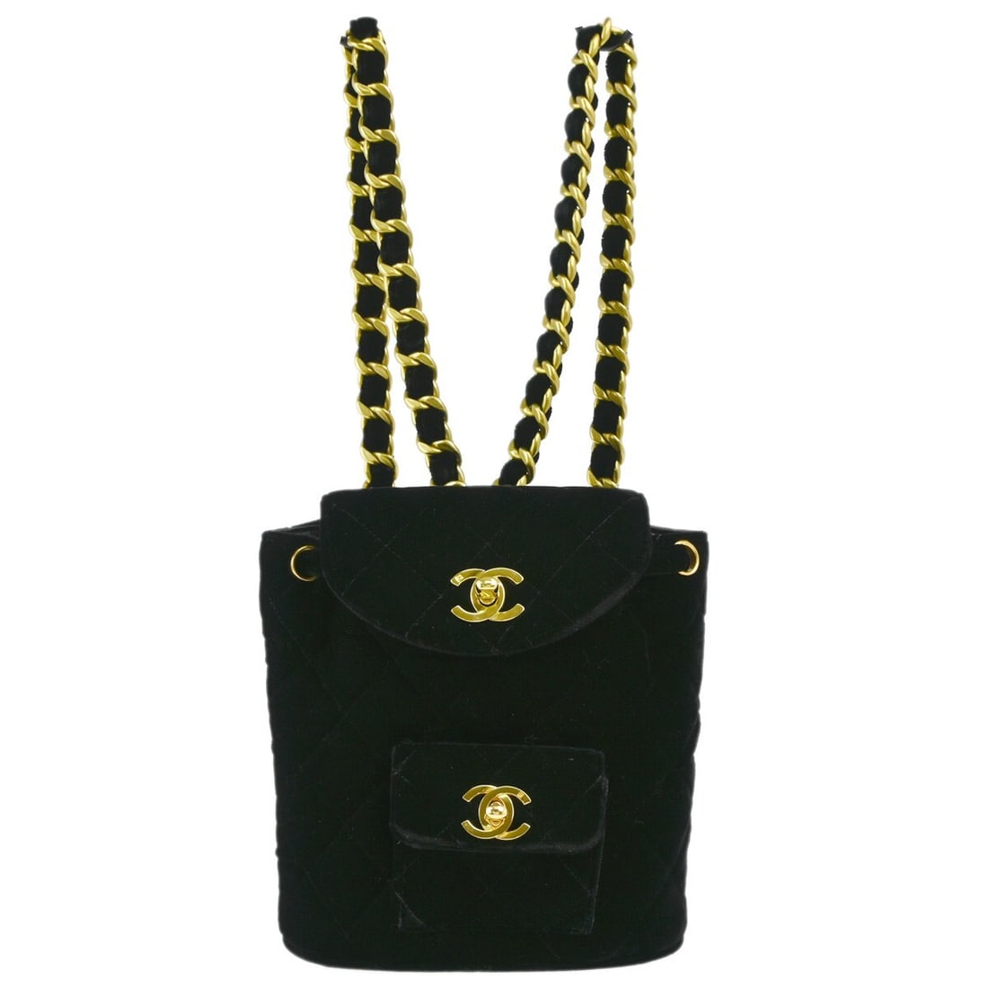 CHANEL Duma Mini Backpack Black Velvet Drawstring Chain Strap: CHANEL Duma Mini Backpack Black Velvet Drawstring Chain Strap Small Chanel Duma backpack in black velvet with a drawstring closure, black leather lining, logo accents, and a chain strap. Made in Franc