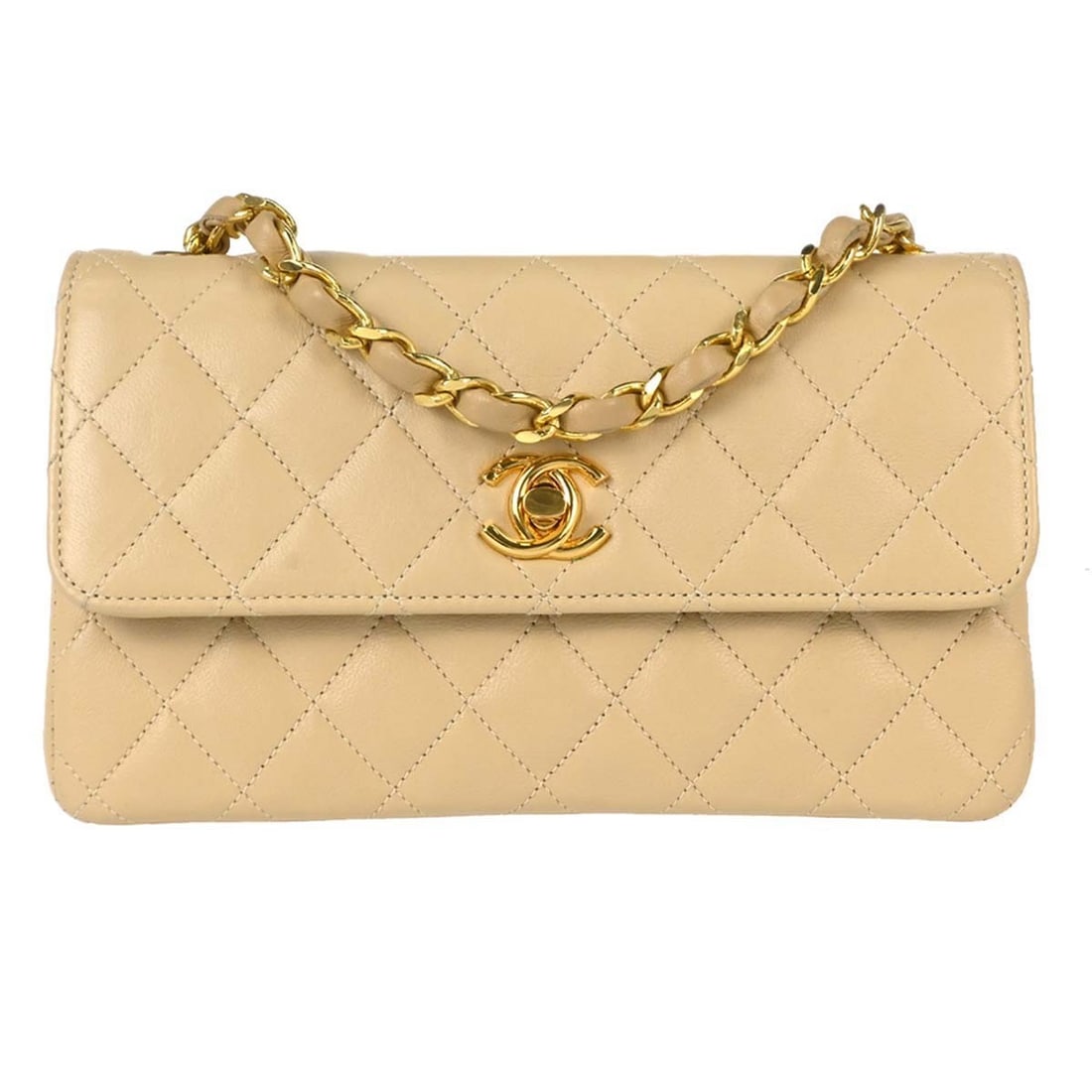 CHANEL Classic Single Flap Beige Lambskin Shoulder Bag: CHANEL Classic Single Flap Beige Lambskin Shoulder Bag Chanel Straight Flap chain shoulder bag in beige lambskin leather. This small shoulder bag features a turn-lock closure and gold-color hardware. 