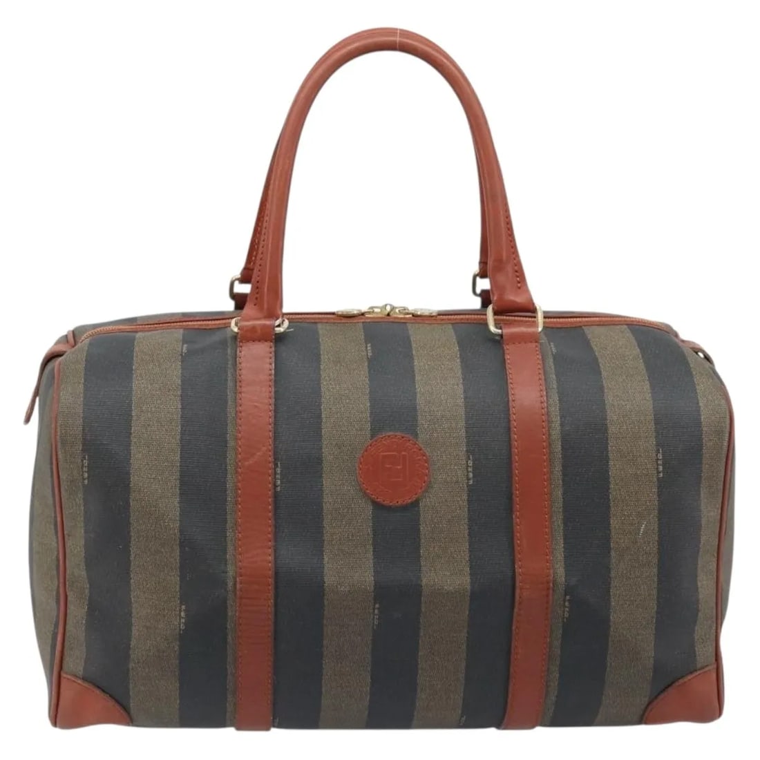Fendi Pequin Vintage Brown Canvas Boston Bag: Fendi Pequin Vintage Brown Canvas Boston Bag This Fendi Vintage Pequin Boston Bag is crafted from coated canvas in a brown color, featuring the iconic Pequin stripe design. Made in Italy, the bag is d