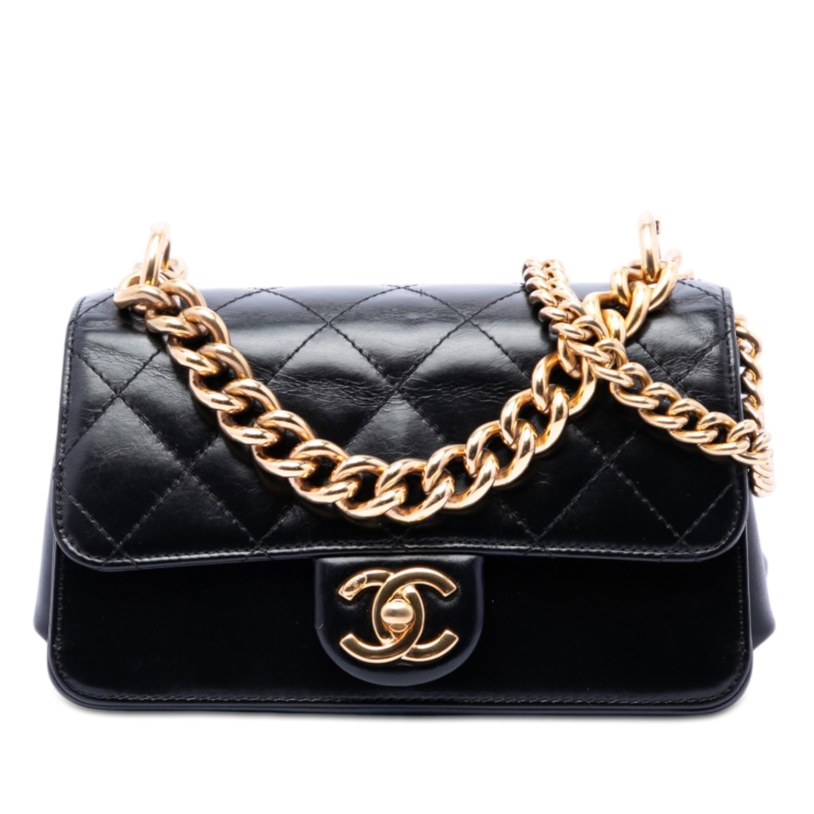 Chanel Mini Flap Satchel Paris Cosmopolite Aged Calfskin: Chanel Mini Flap Satchel Paris Cosmopolite Aged Calfskin This Chanel Paris Cosmopolite Mini Aged Calfskin Straight Lined Flap satchel is crafted in quilted aged calf leather and features a chain-link 
