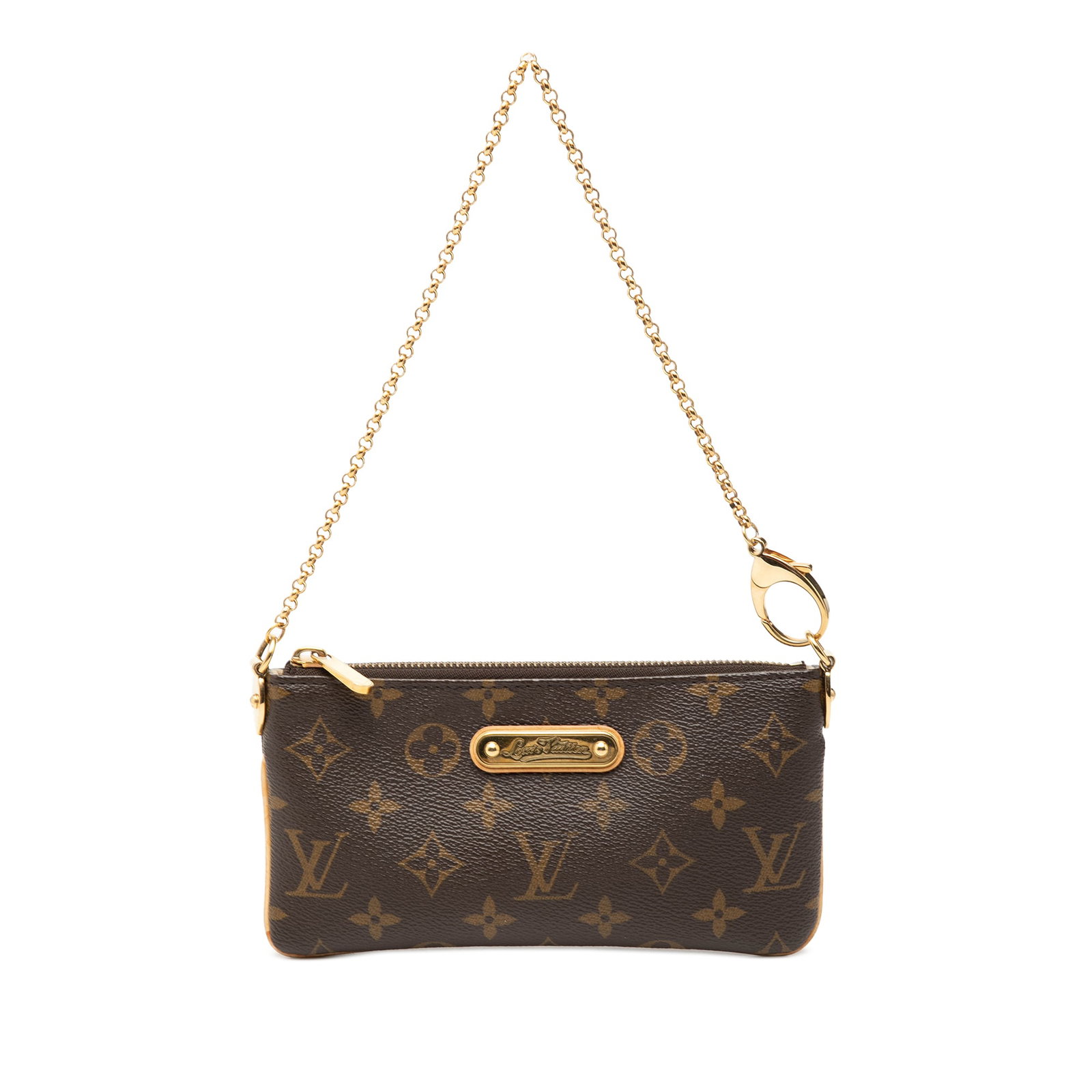 Louis Vuitton Milla MM Monogram Pochette Chain Strap Bag: Louis Vuitton Milla MM Monogram Pochette Chain Strap Bag Louis Vuitton Monogram Pochette Milla MM in brown monogram canvas with a detachable gold-tone chain link strap and top zip closure. The interio