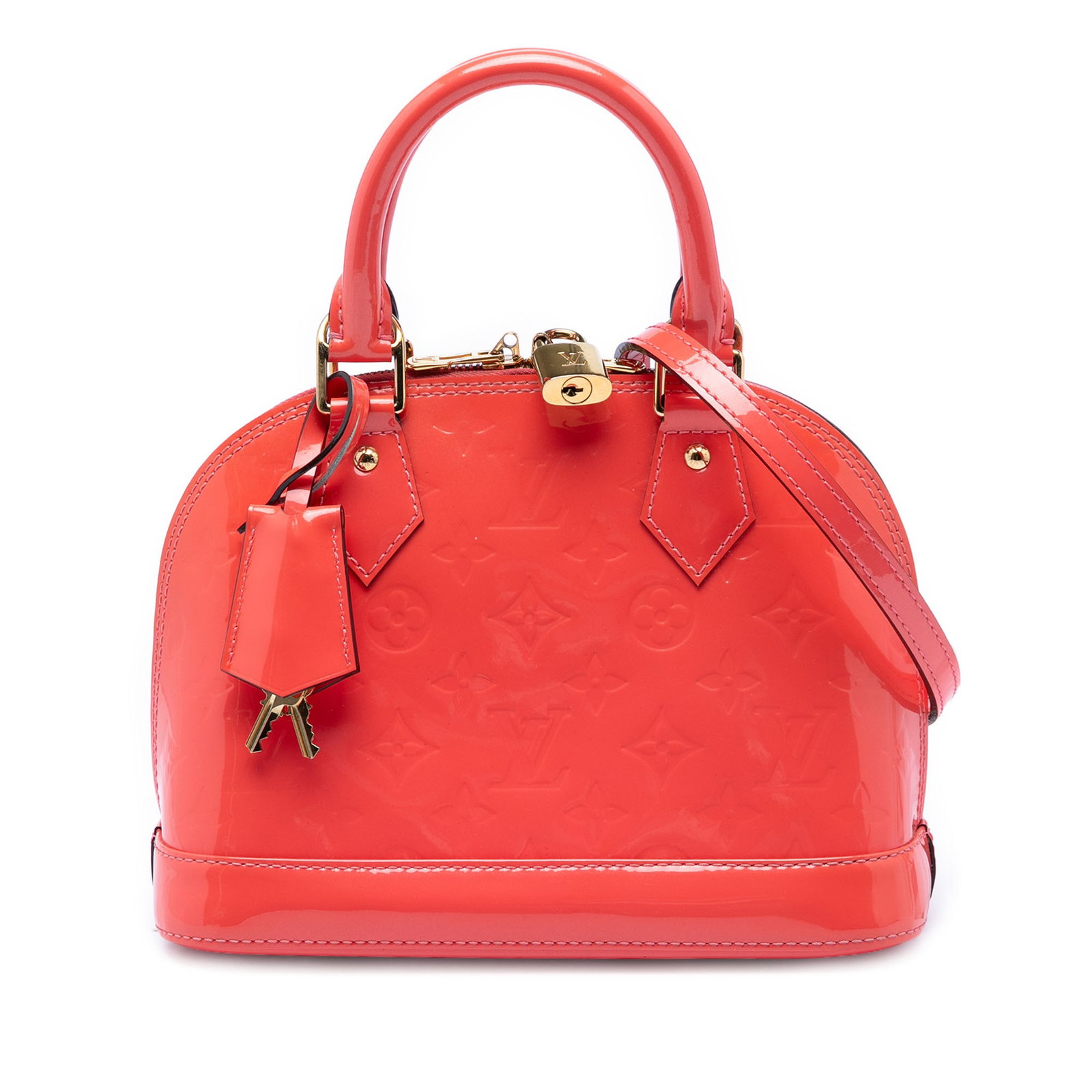 Louis Vuitton Alma BB Monogram Vernis Leather Handbag: Louis Vuitton Alma BB Monogram Vernis Leather Handbag This Louis Vuitton Monogram Vernis Alma BB is a structured handbag crafted in vernis leather. It features rolled leather handles, a detachable fla