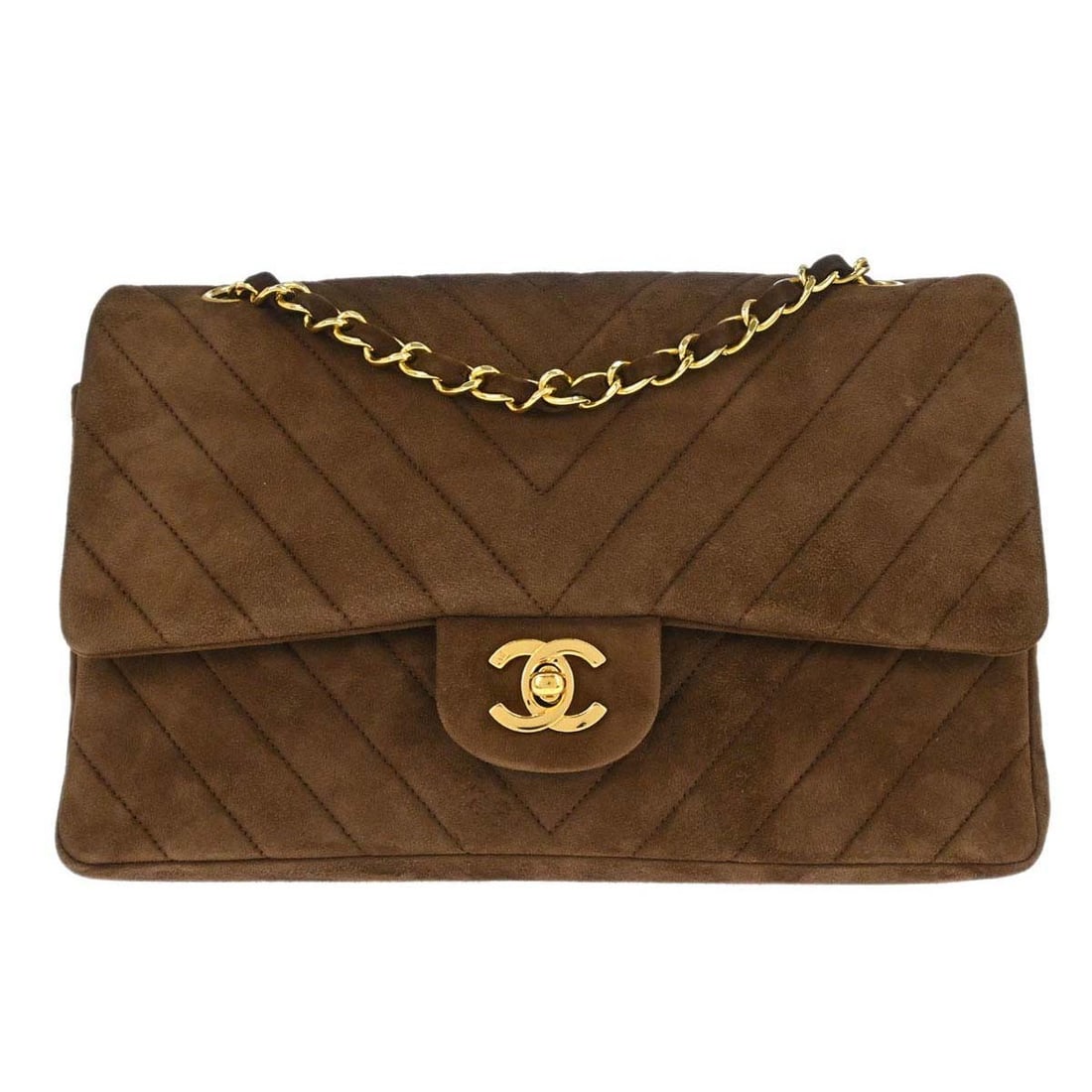 CHANEL Classic Double Flap Medium Brown Suede Shoulder Bag: CHANEL Classic Double Flap Medium Brown Suede Shoulder Bag Chanel Medium Classic Double Flap shoulder bag in brown suede with a chevron design and turn-lock closure. This women's shoulder bag features