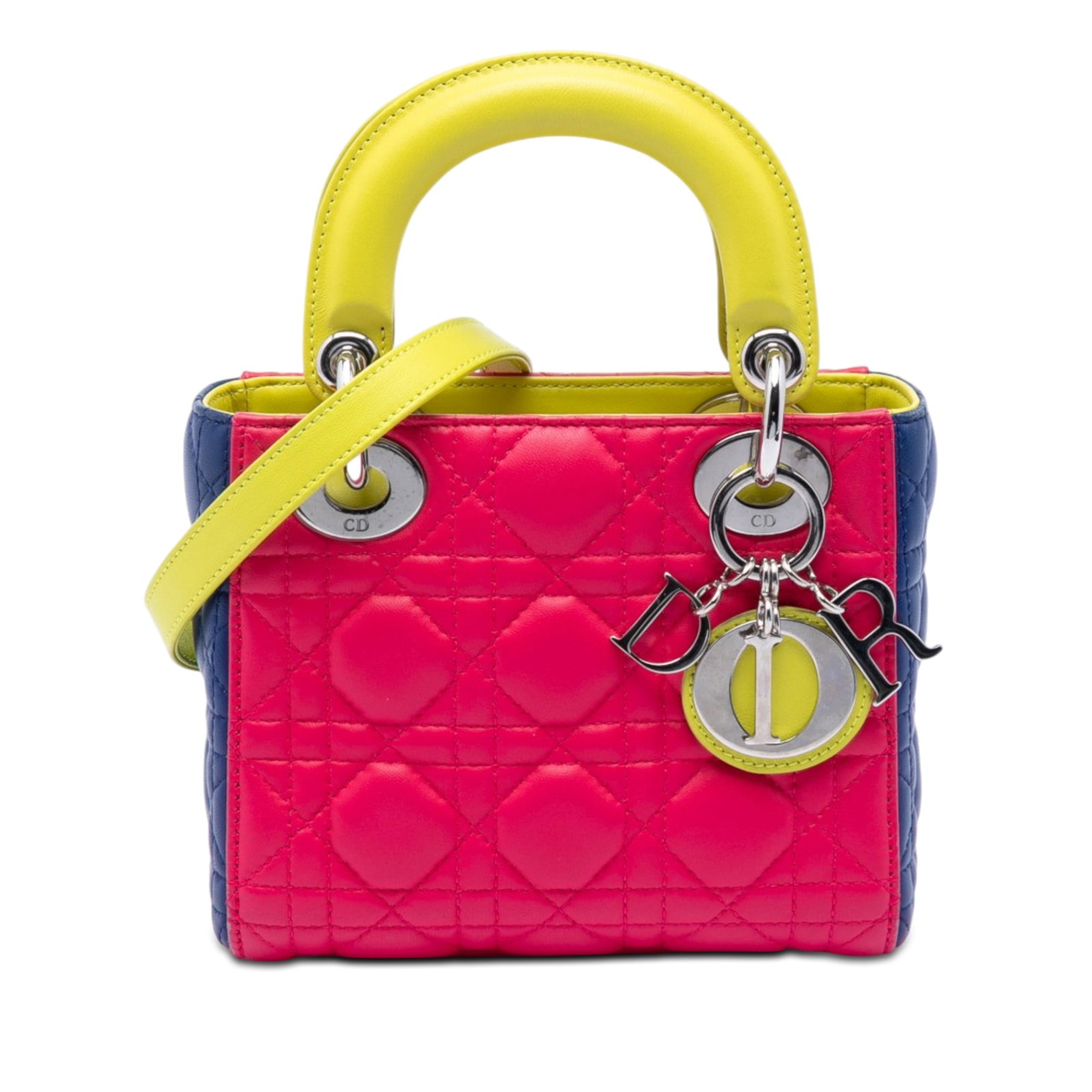 Dior Mini Cannage Lady Dior Pink Lambskin Bag: Dior Mini Cannage Lady Dior Pink Lambskin Bag This Mini Tricolor Lambskin Cannage Lady Dior bag features a quilted lambskin leather body in a tricolor design, flat leather top handles, and a detachabl