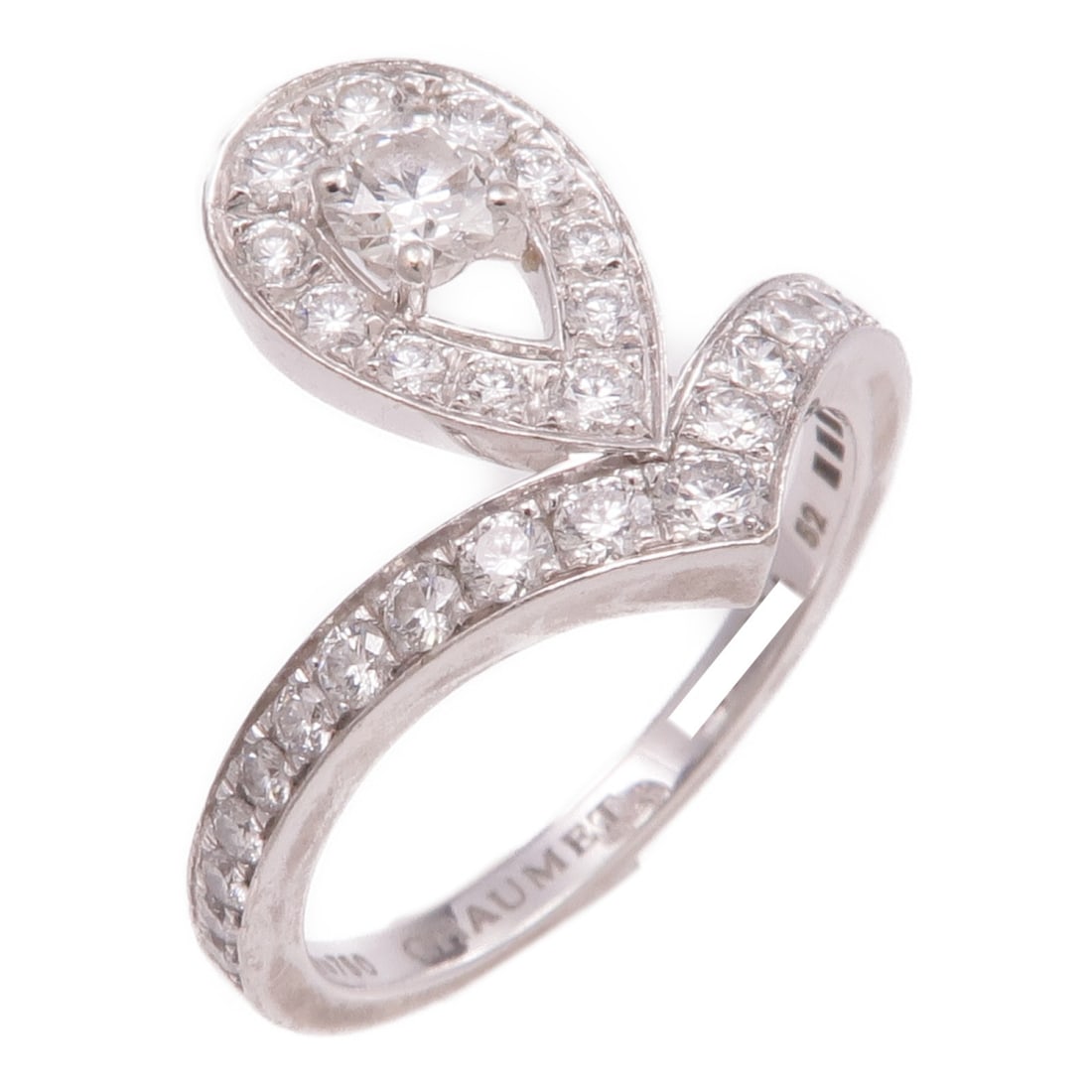 Josephine Aigrette Diamond Ring in 18K White Gold Size 52 by Chaumet: Josephine Aigrette Diamond Ring in 18K White Gold Size 52 by Chaumet This Chaumet Josephine Aigrette ring is crafted from 18K white gold and features a clear diamond as its main stone. Made in Switzer