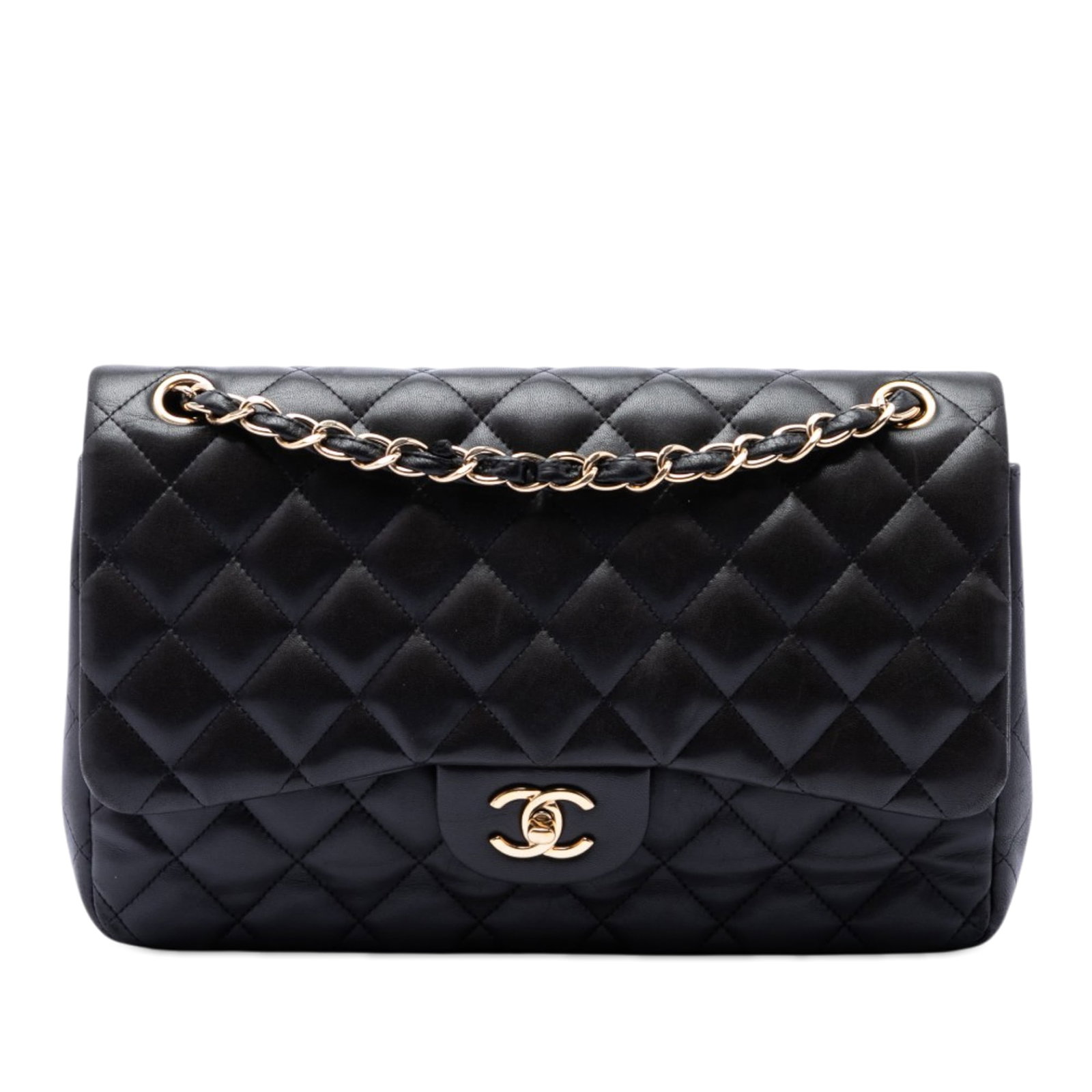 Black Chanel Jumbo Classic Double Flap Lambskin Shoulder Bag: Black Chanel Jumbo Classic Double Flap Lambskin Shoulder Bag Chanel Jumbo Classic Lambskin Double Flap shoulder bag in black quilted lambskin leather. This bag features leather-woven chain straps, dou