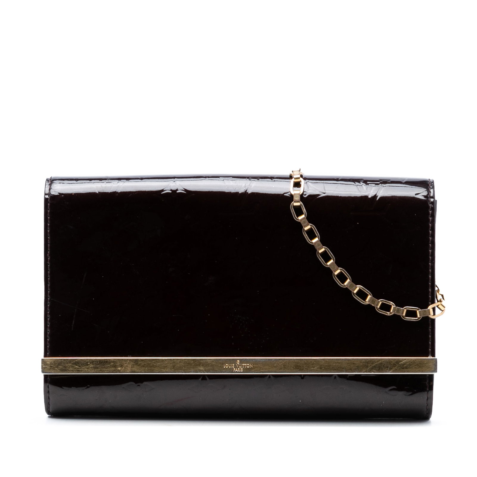 Louis Vuitton Ana Vernis Leather Purple Chain Bag: Louis Vuitton Ana Vernis Leather Purple Chain Bag This Louis Vuitton Monogram Vernis Ana bag features a vernis leather body in purple, complemented by a gold-tone chain strap. The design includes a fr