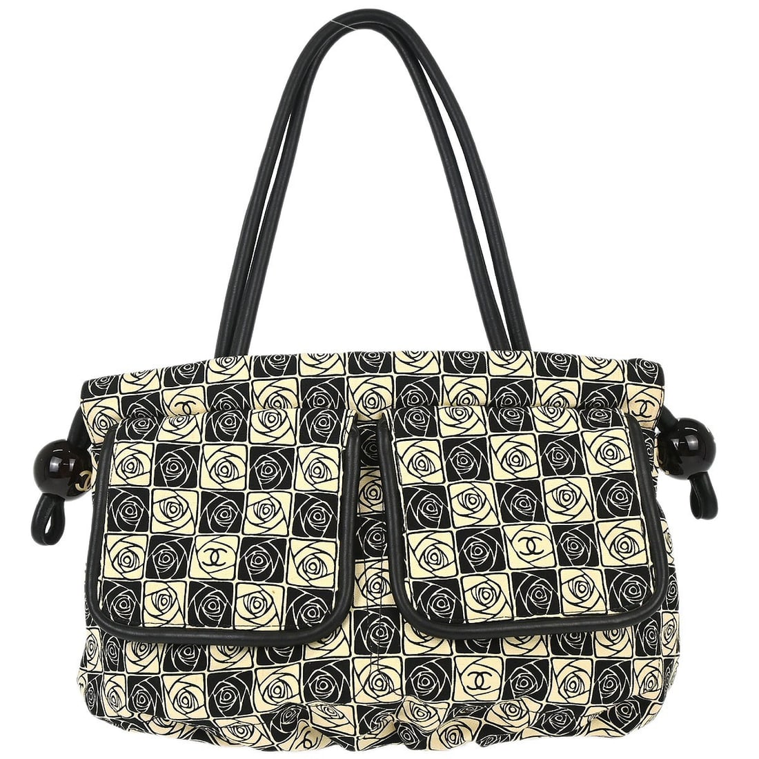 CHANEL Coco Ball Camellia Canvas Tote Bag Black Beige: CHANEL Coco Ball Camellia Canvas Tote Bag Black Beige Chanel tote handbag in black and beige canvas with Coco Ball and Camellia design details. This medium top-handle bag is made in Italy and includes