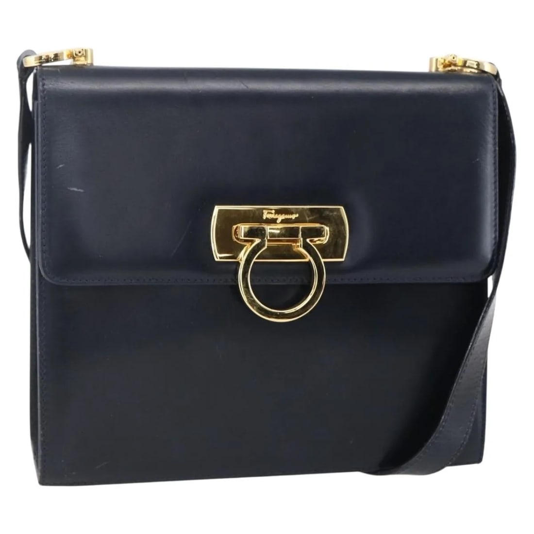 Salvatore Ferragamo Gancini Shoulder Bag Navy Leather: Salvatore Ferragamo Gancini Shoulder Bag Navy Leather This Salvatore Ferragamo Gancini shoulder bag is crafted from navy leather and designed for women. It features a classic silhouette with a spaciou