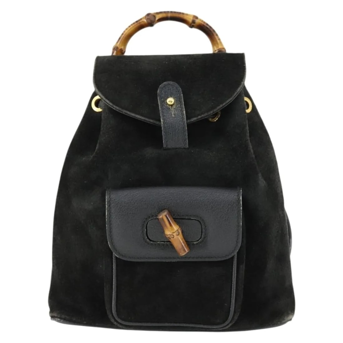 Gucci Bamboo Backpack Black Suede Womens Bag: Gucci Bamboo Backpack Black Suede Womens Bag This Gucci bamboo backpack for women features black suede material with a bamboo handle. The backpack measures 20cm x 22cm x 7cm and is made in Italy. It s