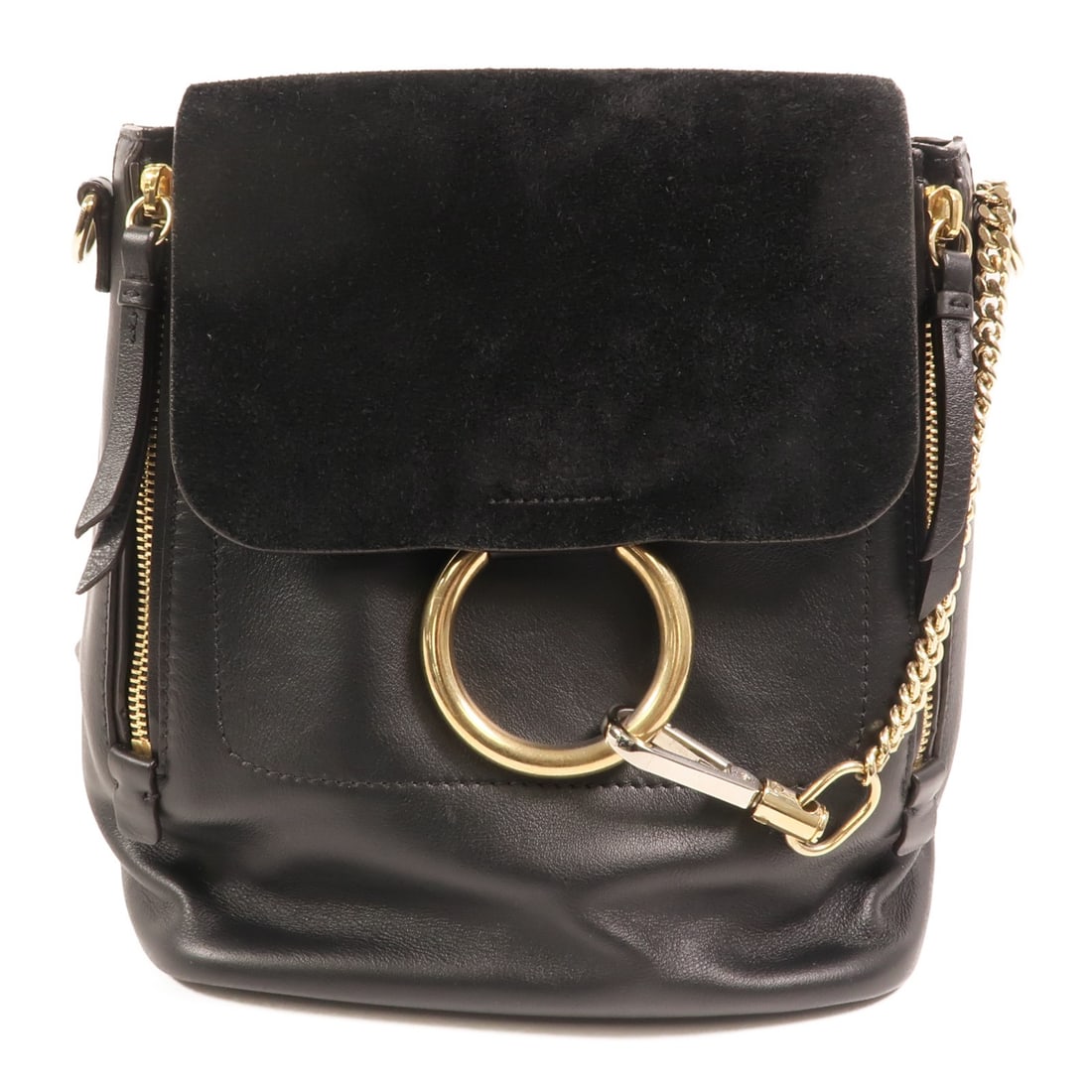 Black Calfskin and Suede Faye Backpack by Chloe: Black Calfskin and Suede Faye Backpack by Chloe This Chloe Faye Backpack is crafted from black calfskin leather and suede, designed in a rucksack style. It features a structured silhouette with a top 