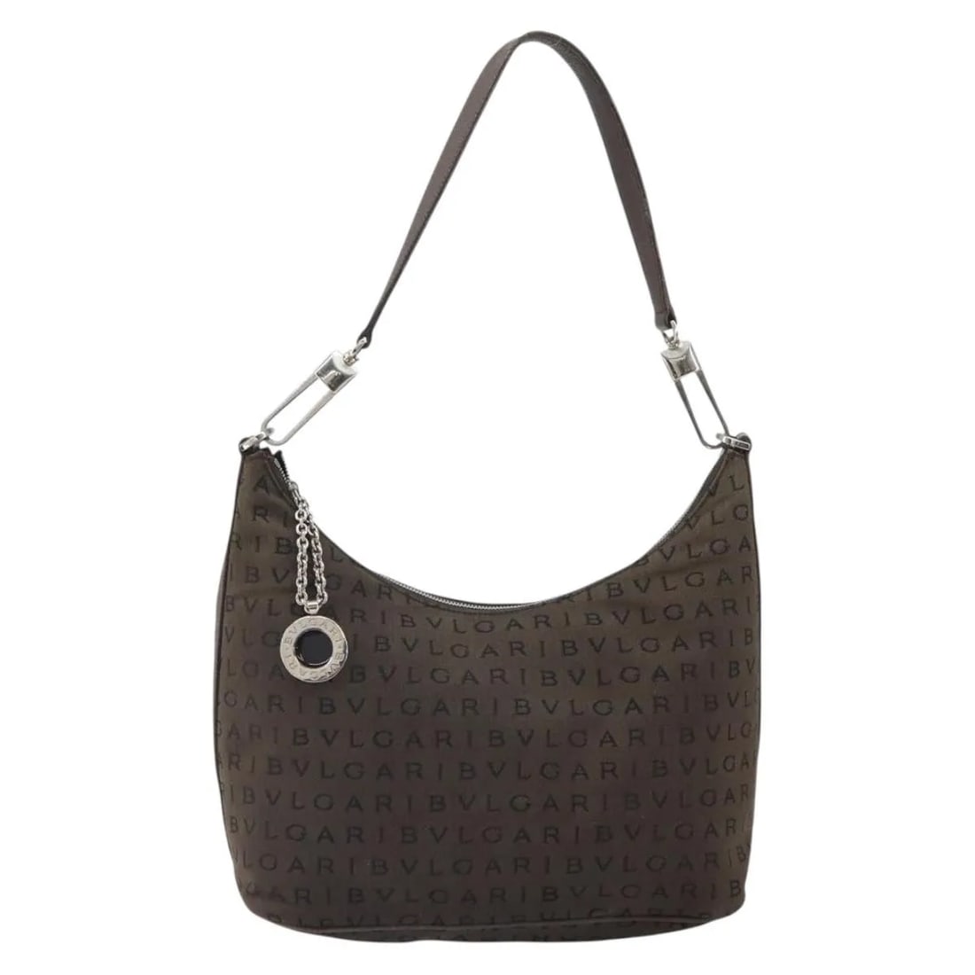 Bvlgari Logomania Brown Canvas Shoulder Bag with Leather: Bvlgari Logomania Brown Canvas Shoulder Bag with Leather This Bvlgari Logomania shoulder bag for women features brown canvas material with leather accents. It offers a compact design suitable for dail