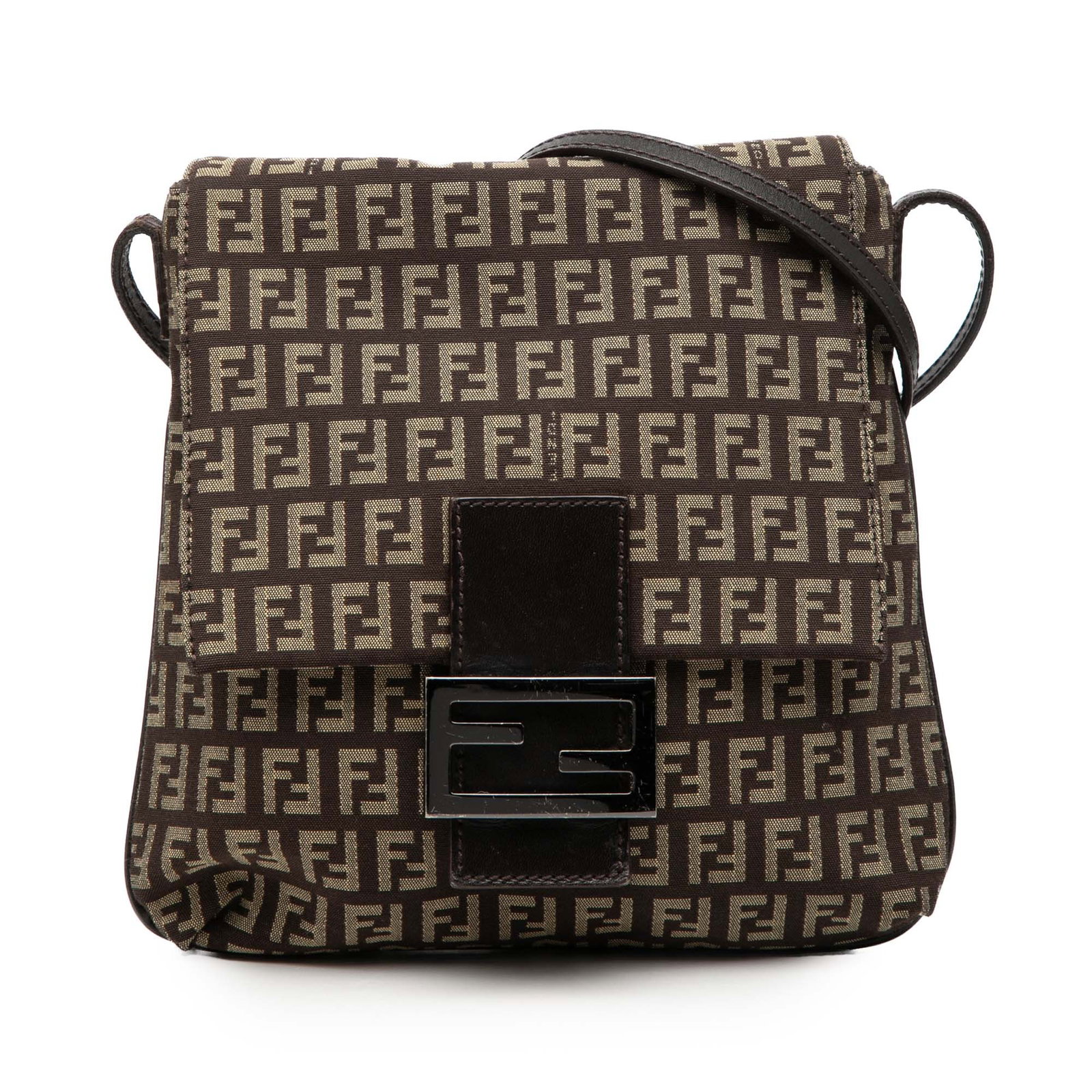 Brown Fendi Zucchino Canvas Crossbody Bag with Leather Trim: Brown Fendi Zucchino Canvas Crossbody Bag with Leather Trim This Fendi Zucchino Canvas Crossbody bag features a canvas body with leather trim, an adjustable flat leather strap, a top flap with a flat 