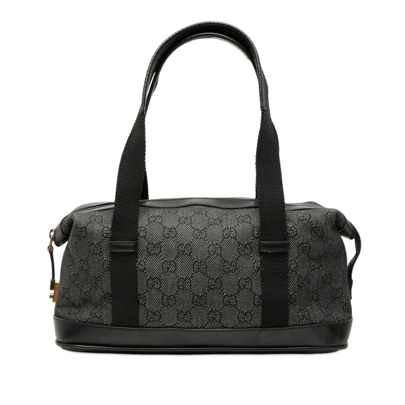 Gucci GG Denim Shoulder Handbag Gray Fabric Leather Trim: Gucci GG Denim Shoulder Handbag Gray Fabric Leather Trim Gucci GG Denim shoulder bag crafted with a denim body and leather trim. It features flat canvas handles with leather trim, a top zip closure, a