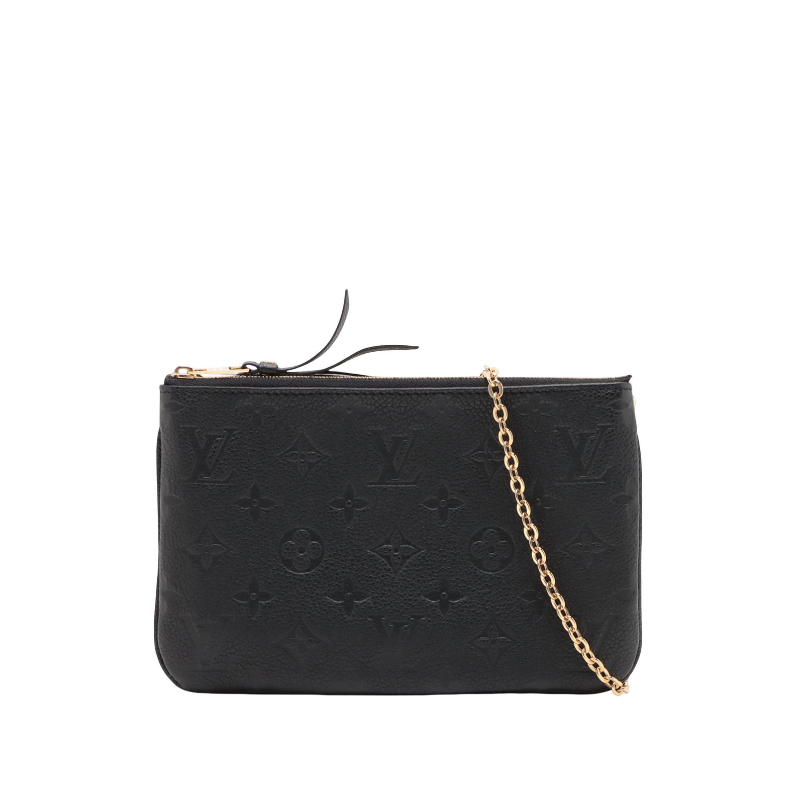 Louis Vuitton Double Zip Pochette in Black Monogram Empreinte Leather: Louis Vuitton Double Zip Pochette in Black Monogram Empreinte Leather Louis Vuitton Monogram Empreinte Double Zip Pochette in black leather with a gold-tone chain strap, top zip closure, and interior 