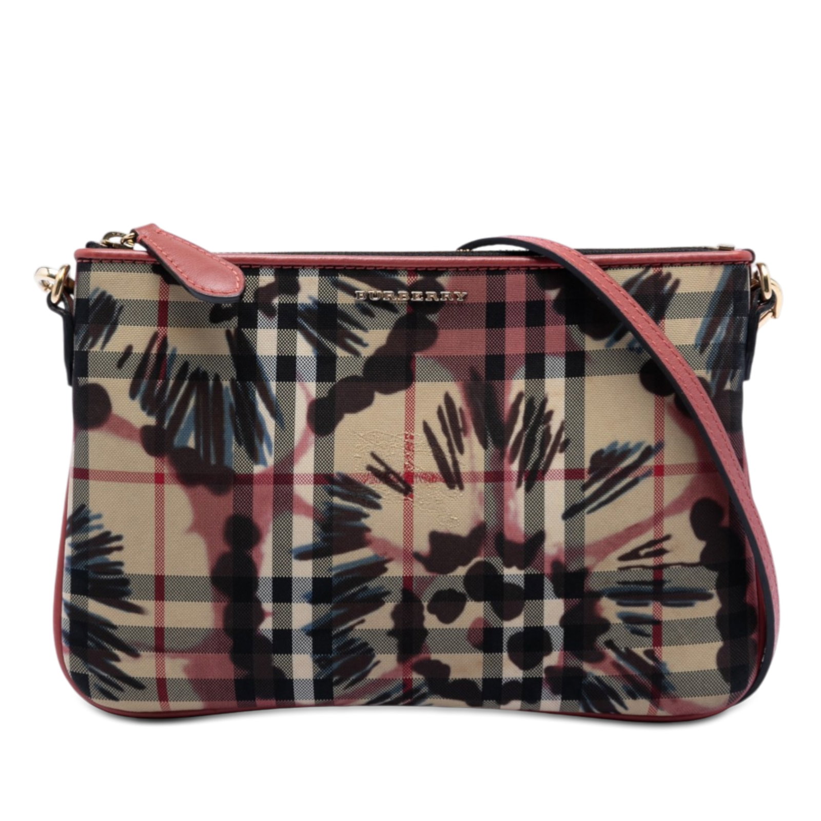 Burberry Peony Rose Haymarket Check Canvas Crossbody Bag with Leather Strap: Burberry Peony Rose Haymarket Check Canvas Crossbody Bag with Leather Strap The Burberry Haymarket Check Peony Rose Crossbody features a printed coated canvas body with a distinctive pattern. It is eq