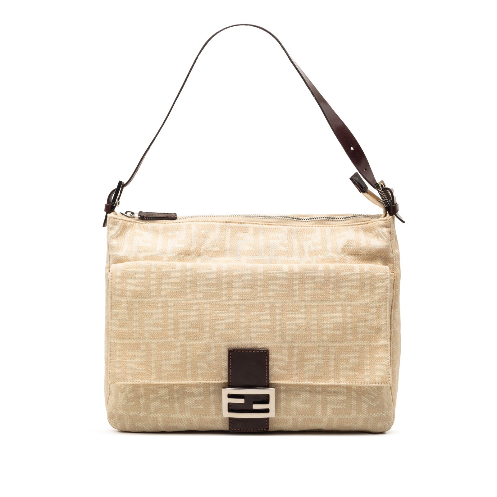 Fendi Zucca Brown Canvas Zip Shoulder Bag: Fendi Zucca Brown Canvas Zip Shoulder Bag Fendi Zucca canvas shoulder bag with a flat leather strap, top zip closure, exterior flap pocket, and interior zip pocket. Made in Italy. Includes dust bag. C