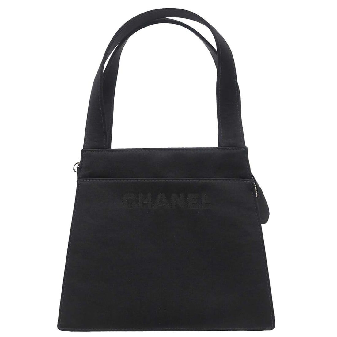 CHANEL Small Black Satin Handbag with Double Handles Zip Closure: CHANEL Small Black Satin Handbag with Double Handles Zip Closure Small Chanel handbag in black satin with double handles and a zip closure. Designed for women, this casual style bag features a satin l