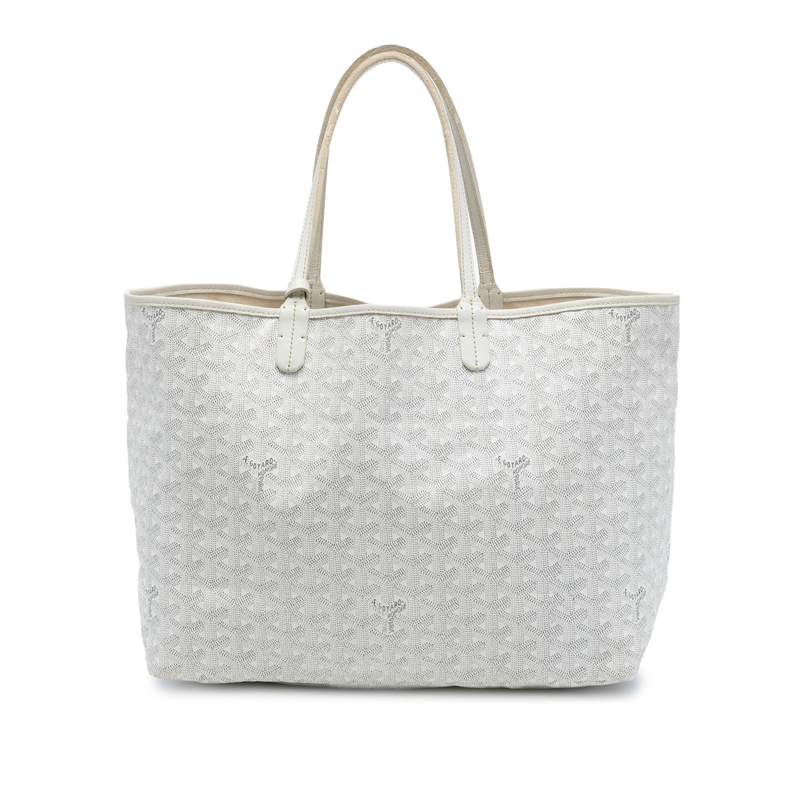 Goyard Saint Louis PM White Tote with Pouch and Leather Trim: Goyard Saint Louis PM White Tote with Pouch and Leather Trim This Goyardine Saint Louis PM bag features a coated canvas body with leather trim, flat leather straps, an open top, and includes a pouch. 