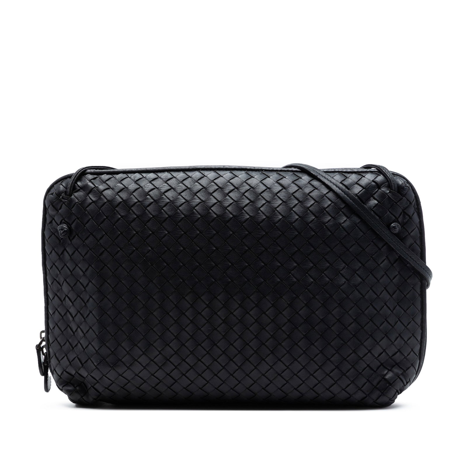 Bottega Veneta Intrecciato Nodini Black Leather Crossbody Bag: Bottega Veneta Intrecciato Nodini Black Leather Crossbody Bag This Bottega Veneta Large Nappa Intrecciato Nodini Crossbody bag is crafted in Italy from woven black leather, featuring a flat leather st