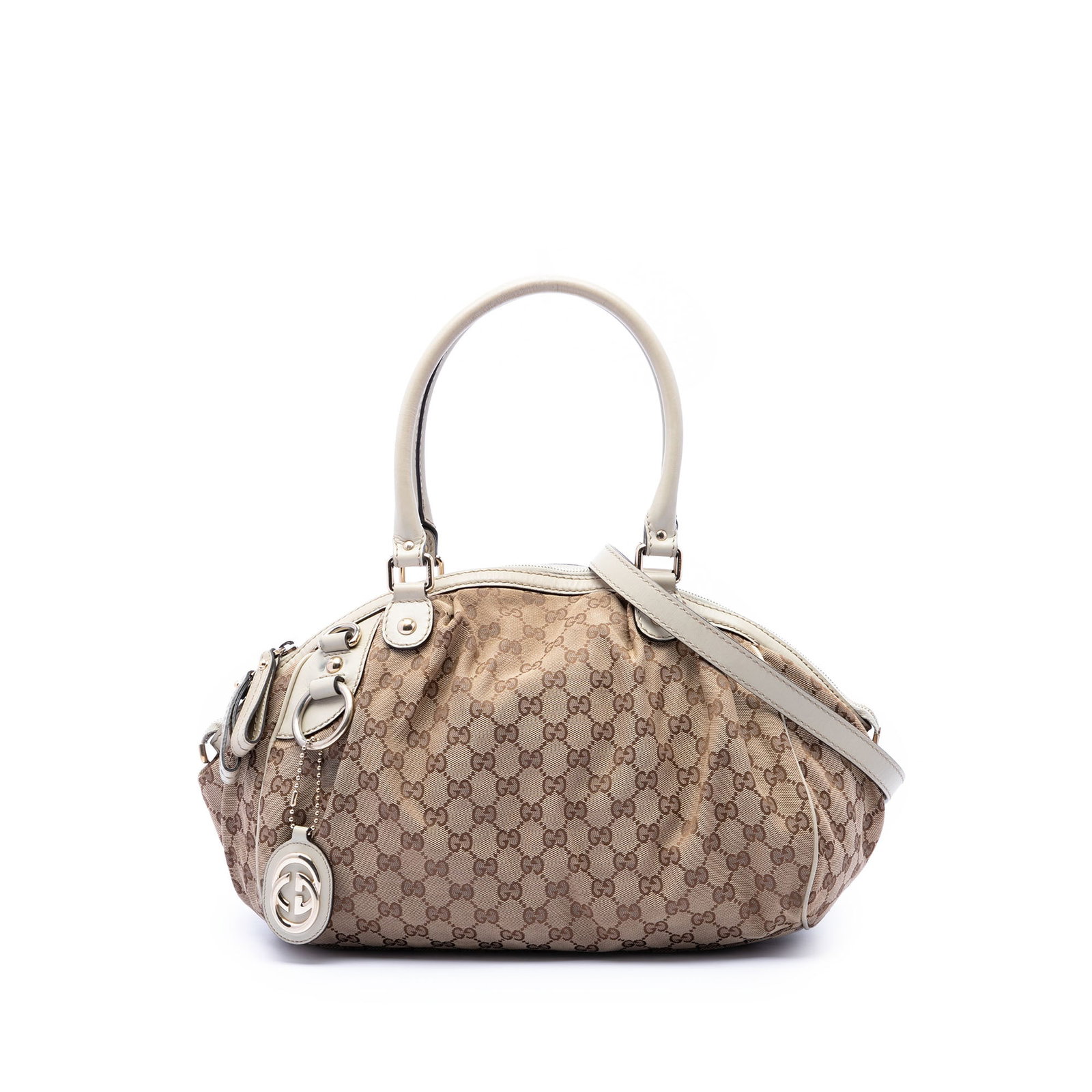 Gucci Sukey GG Canvas Satchel Bag with Leather Trim: Gucci Sukey GG Canvas Satchel Bag with Leather Trim Gucci GG Canvas Sukey Satchel with leather trim and rolled leather handles. This satchel features a canvas body, a detachable flat leather strap, a 