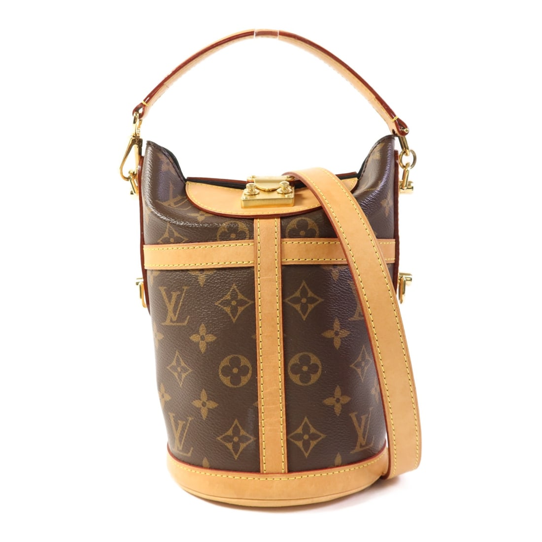 Louis Vuitton M43587 Brown Monogram Duffle 2 Way Shoulder Bag: Louis Vuitton M43587 Brown Monogram Duffle 2 Way Shoulder Bag This Louis Vuitton 2-way shoulder bag features the iconic monogram pattern in brown PVC-coated canvas. Designed for versatility, it can be