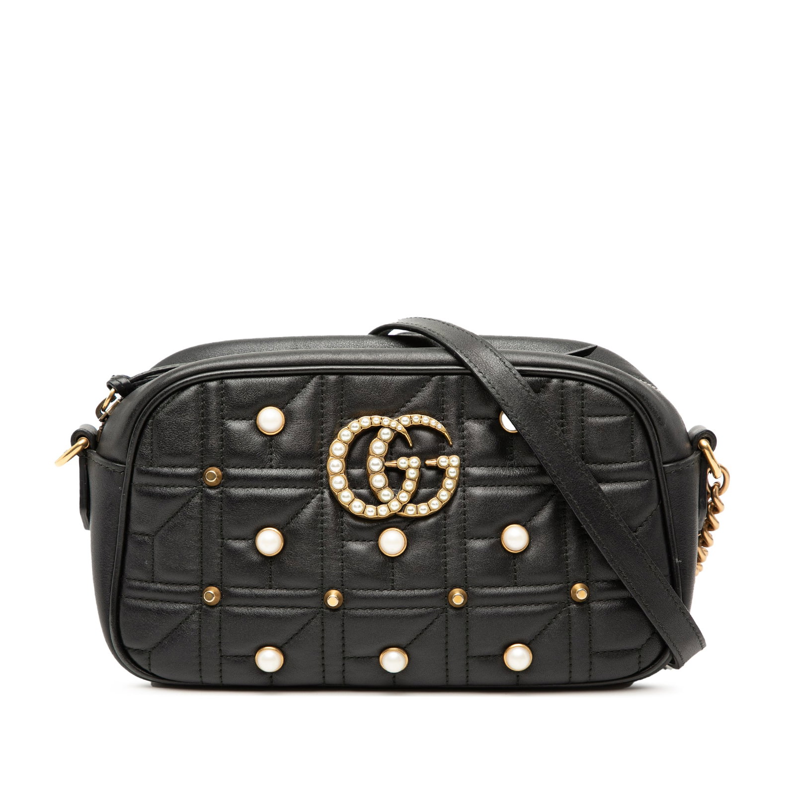 Gucci GG Marmont pearl studded leather crossbody bag: Gucci GG Marmont pearl studded leather crossbody bag This Gucci Small GG Marmont Matelasse crossbody bag is crafted from black leather and features elegant pearl stud embellishments. The design includ