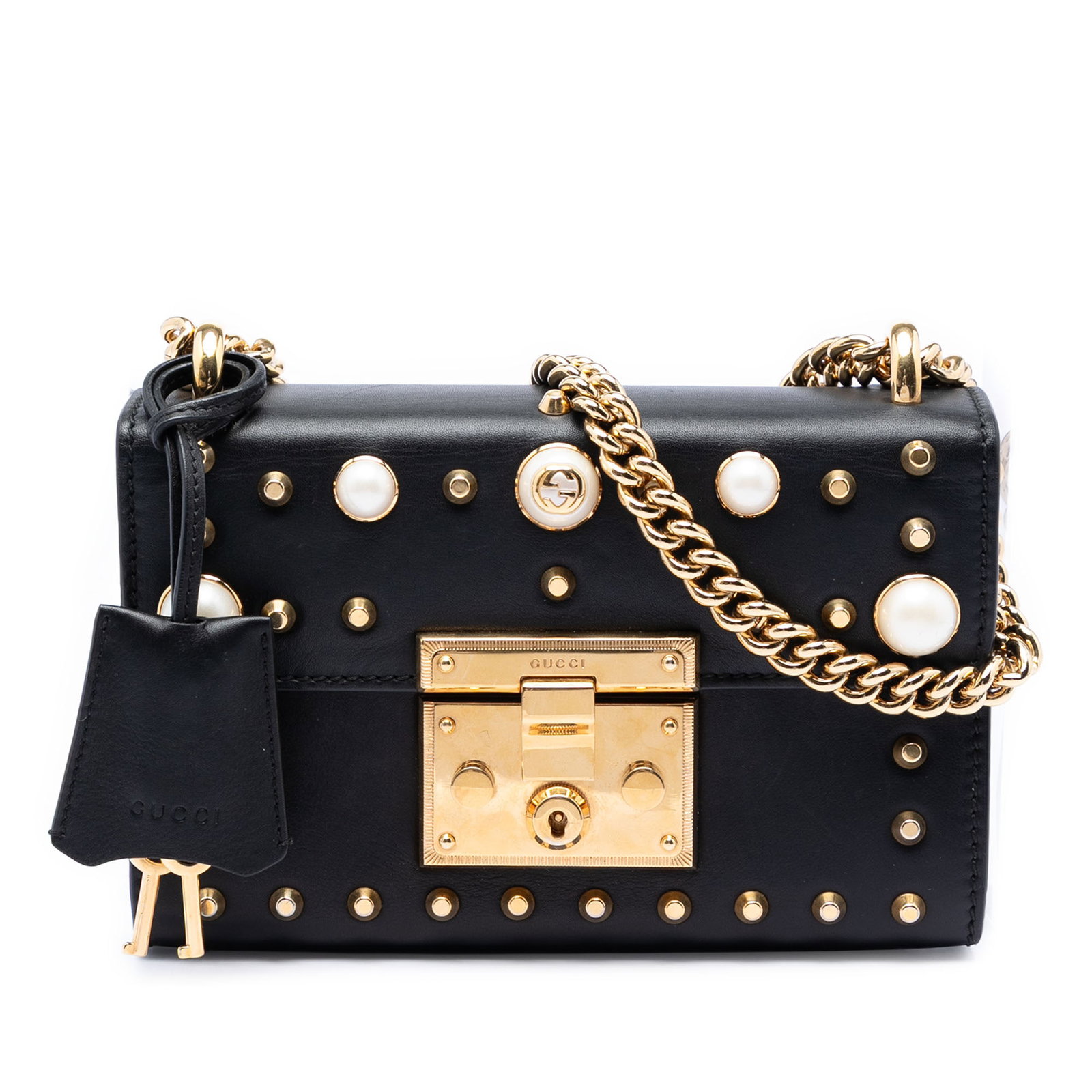 Gucci Padlock Small Leather Crossbody with Faux Pearl Accents: Gucci Padlock Small Leather Crossbody with Faux Pearl Accents Small Gucci Padlock crossbody bag in black leather with faux pearl accents. It features a chain link shoulder strap, a front flap with pus
