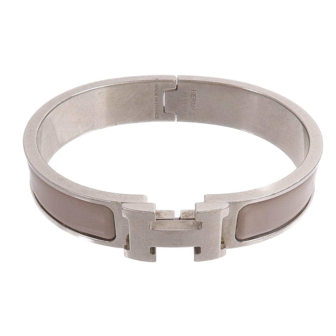 Hermes Clic H Gray Enamel Bangle: Hermes Clic H Gray Enamel Bangle This HERMES Clic H Bracelet features a sleek gray enamel design with a metallic finish, embodying the brand's signature elegance. Crafted for women, the bracelet is ma