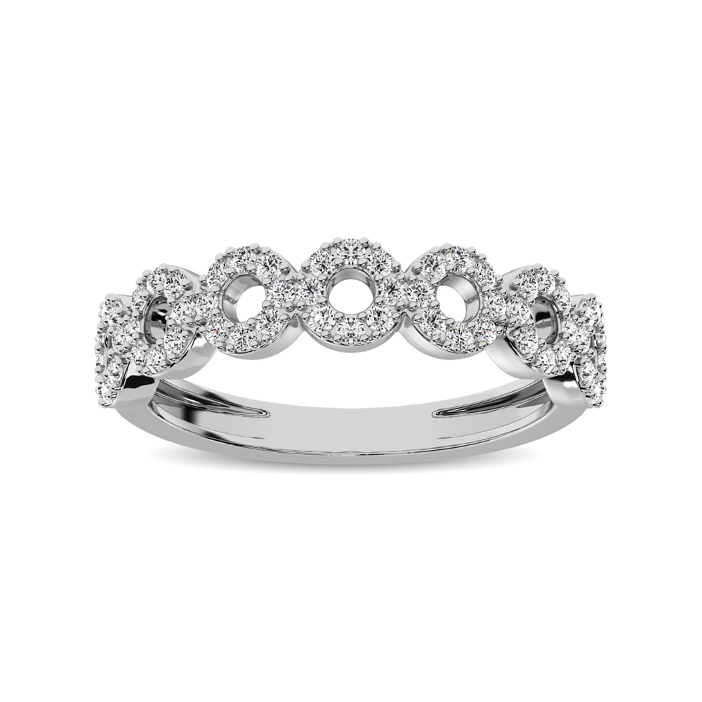 14K White Gold 1/3 Ct.Tw. Diamond 7 Station Stackable Band: 14K White Gold 1/3 Ct.Tw. Diamond 7 Station Stackable Band This beautiful ring is available in 14K White Gold. There are 56 round diamonds with a total carat weight of 1/3 Ct.Tw. set in a Shared Prong