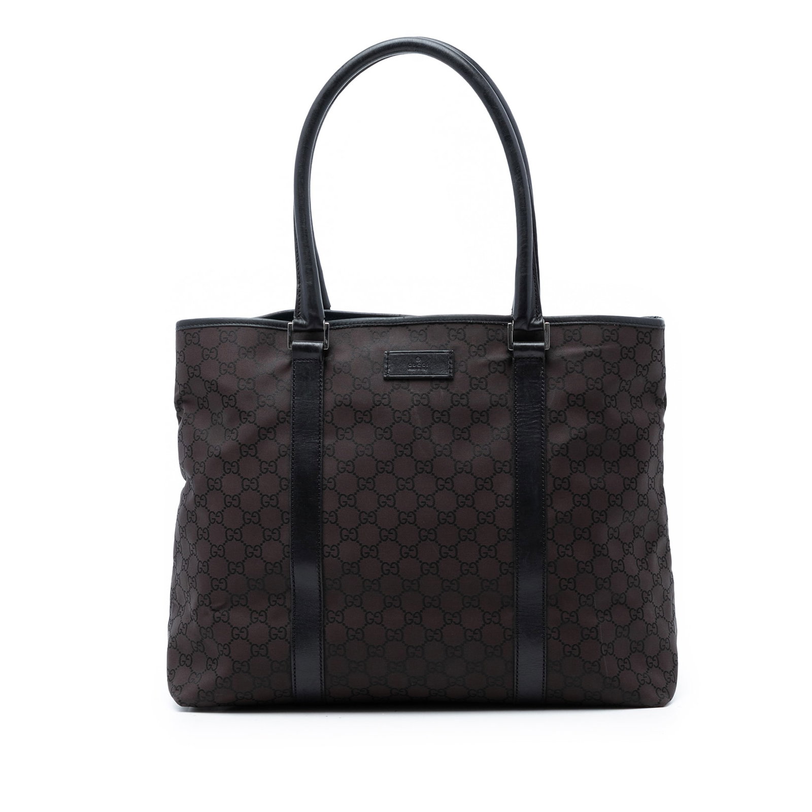 Gucci GG Nylon Joy Tote Bag Brown Fabric: Gucci GG Nylon Joy Tote Bag Brown Fabric This Gucci GG Nylon Joy Tote features a brown nylon body with leather trim, rolled leather handles, an open top with magnetic snap closure, and interior zip an