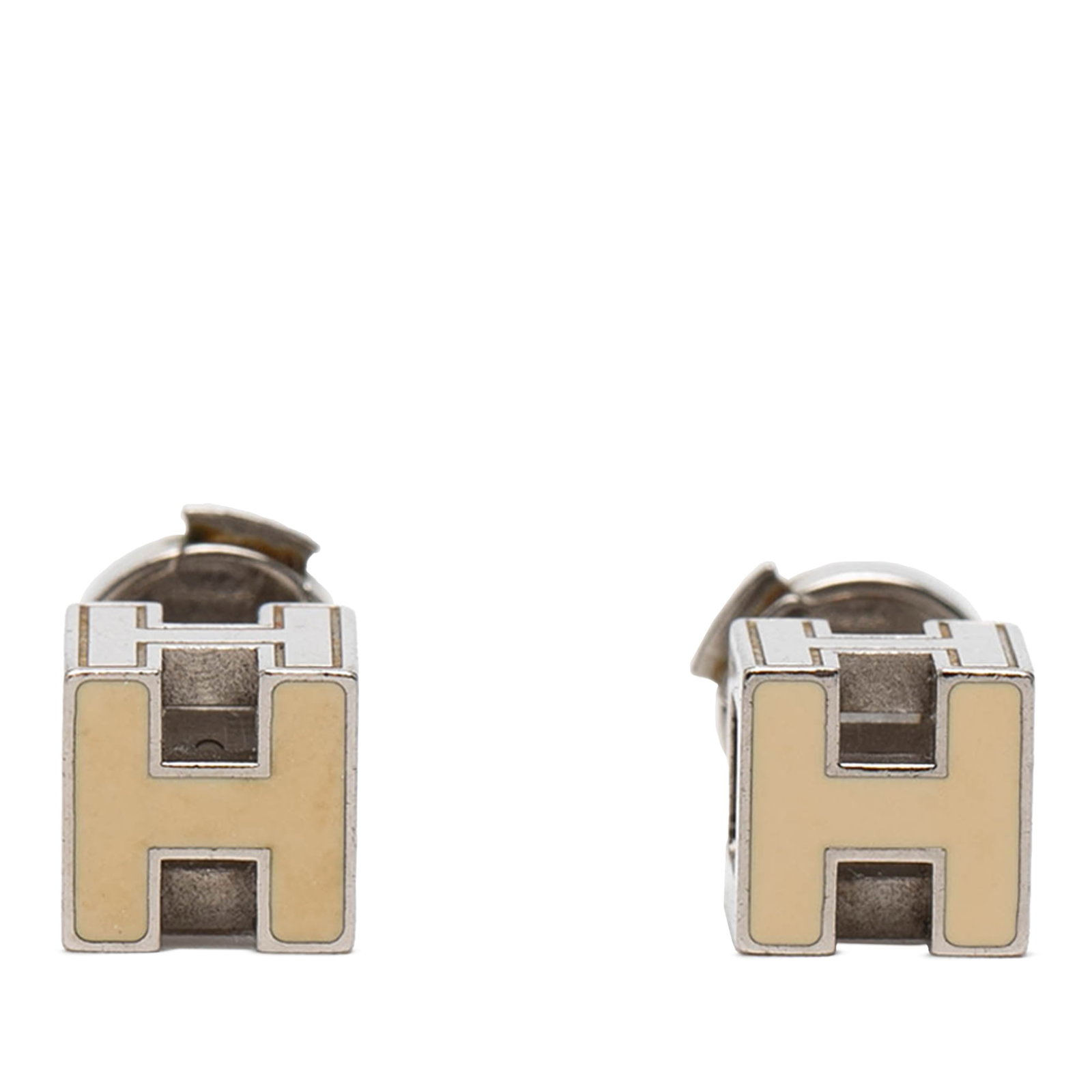 Hermes Enamel Palladium Cube Earrings with Push Back Closure: Hermes Enamel Palladium Cube Earrings with Push Back Closure These Hermes earrings feature a palladium plated metal body with enamel detailing and a push back closure. The design is known as Cage d'H 