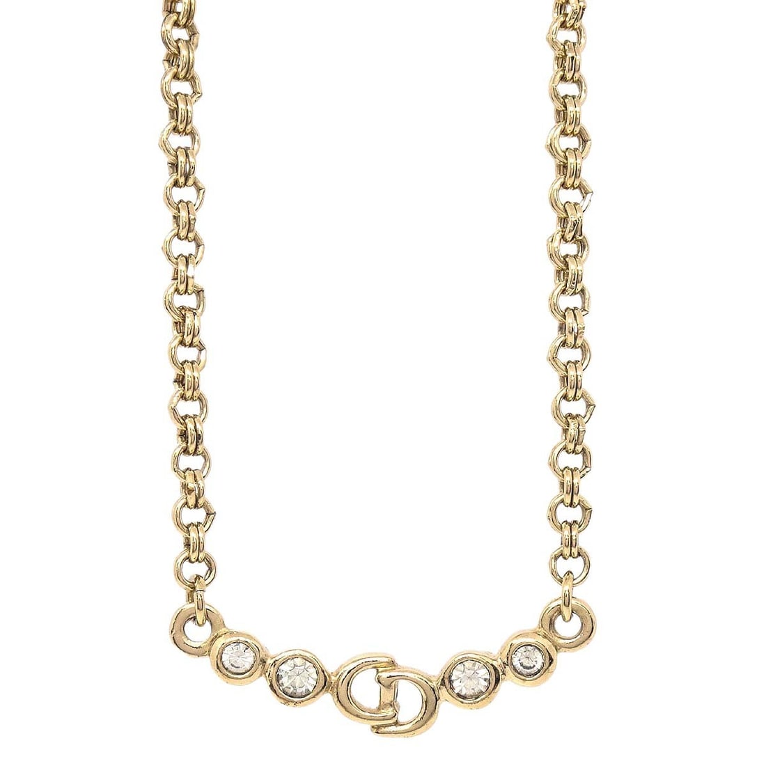 Vintage Dior Gold Plated Pendant Necklace with Rhinestone Charm: Vintage Dior Gold Plated Pendant Necklace with Rhinestone Charm Vintage Christian Dior pendant necklace in gold plated metal with rhinestone detailing. This necklace features a charm-style pendant and
