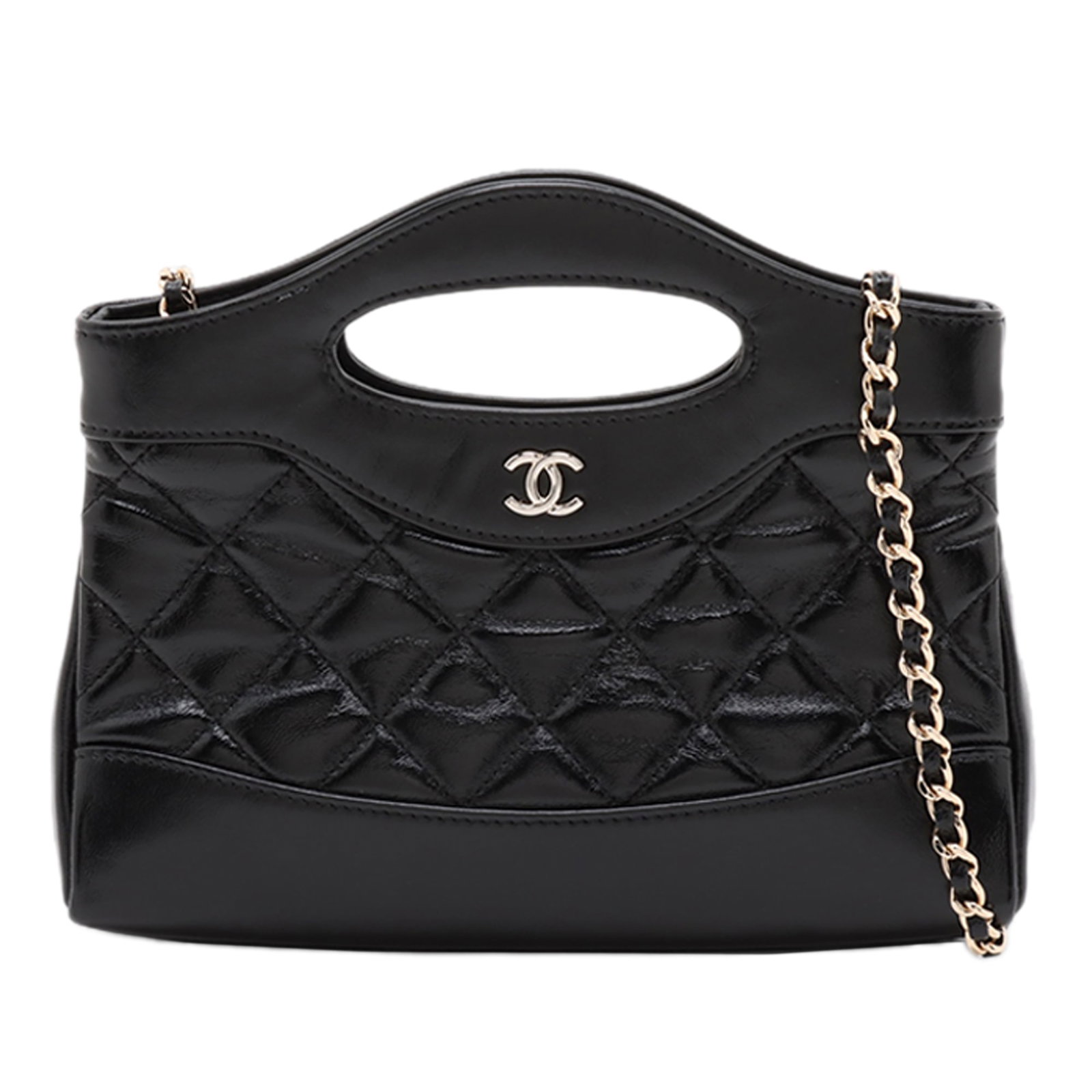 Chanel 31 Nano Shopping Satchel in Quilted Glazed Calfskin: Chanel 31 Nano Shopping Satchel in Quilted Glazed Calfskin Chanel Nano Quilted Glazed Calfskin 31 Shopping Bag in black leather. This satchel features a quilted leather body, cut-out handles, a leathe