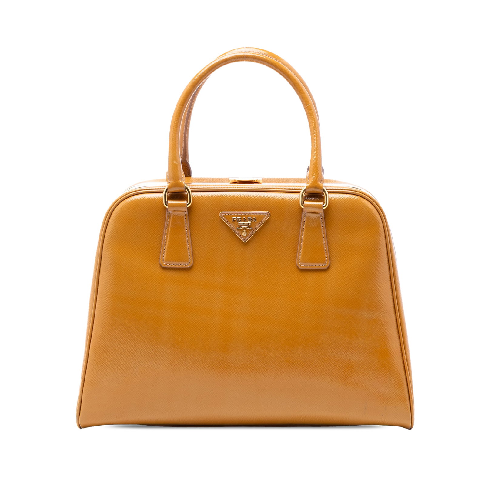 Prada Saffiano Vernice Leather Pyramid Frame Brown Handbag Italy: Prada Saffiano Vernice Leather Pyramid Frame Brown Handbag Italy This Prada Saffiano Vernice Pyramid Frame Handbag features a saffiano vernice leather exterior in brown, rolled leather handles that ha