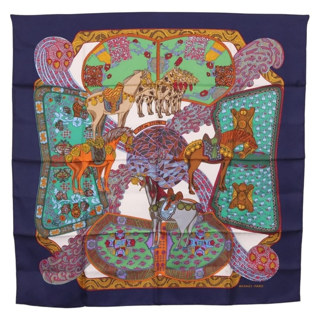 Hermes Art des Steppes Carre 90 Silk Scarf Navy: Hermes Art des Steppes Carre 90 Silk Scarf Navy Hermes Carre 90 "ART des STEPPES" scarf in navy silk. Made in France, this women's scarf is offered without the original box or dust bag. Condition is B