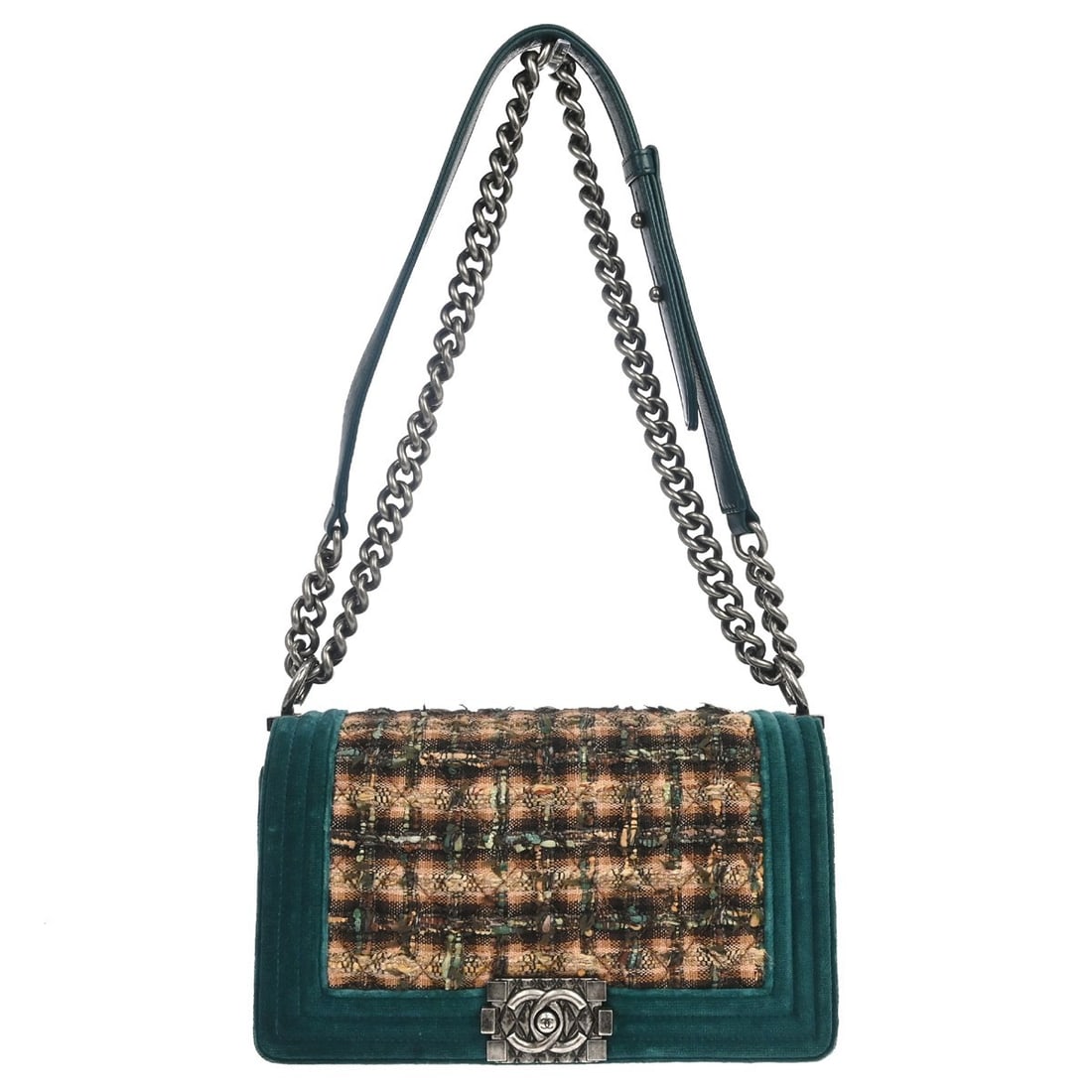 CHANEL Boy Medium Shoulder Bag in Green Tweed and Velvet: CHANEL Boy Medium Shoulder Bag in Green Tweed and Velvet Boy Chanel medium shoulder bag in green tweed and velvet with a matelasse pattern and flap push-lock closure. This women's bag features a doubl
